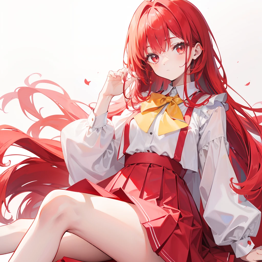 Light large red，verde claro，Wear a yellow apricot JK uniform and a white pleated skirt，Knee-length white silk，Looks dignified and cute，A little sweet