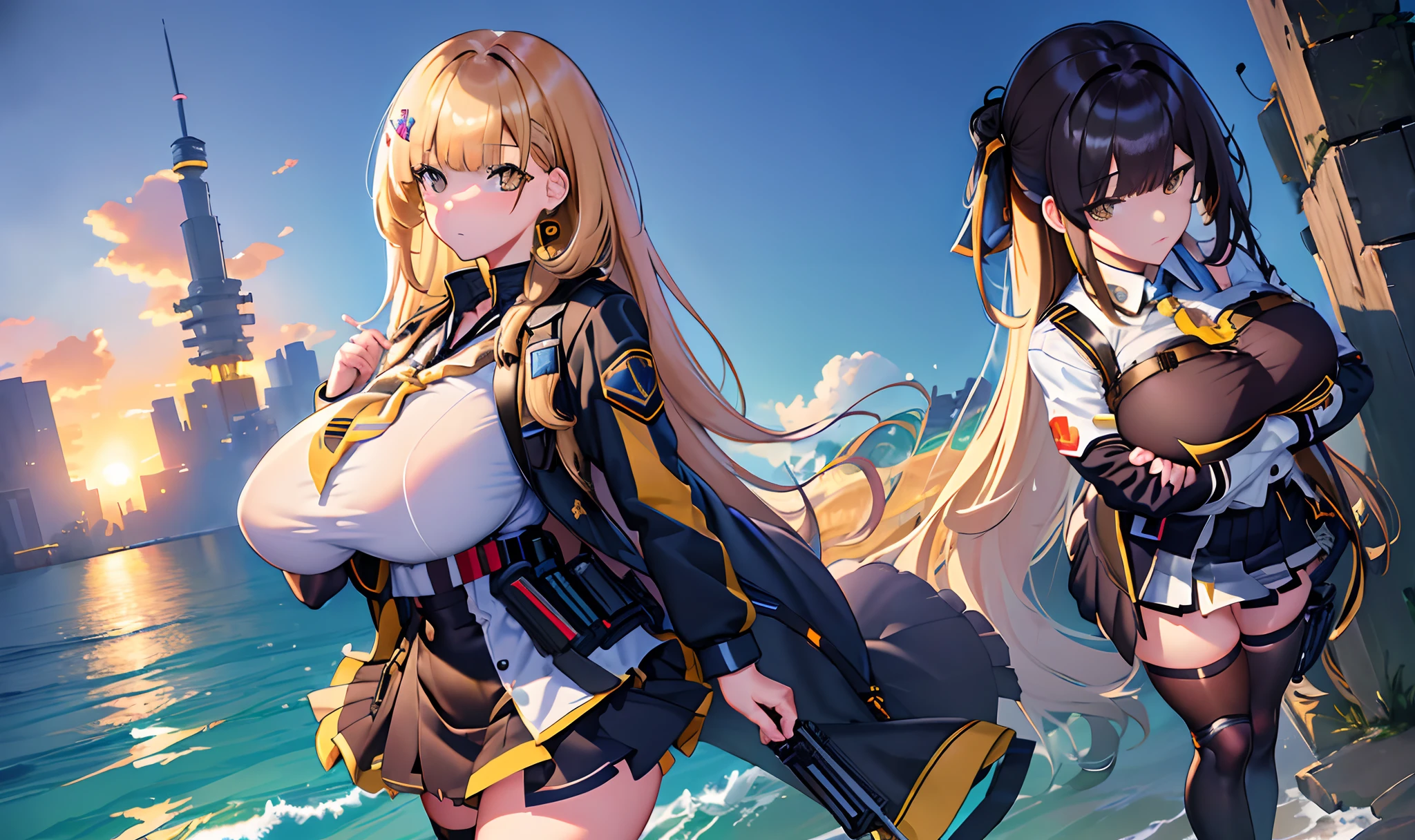 a masterpiece of,(perfect anatomia:1.4), best qualtiy, high_resolution, Fine details, highly detailed and beautiful, Distinct_image, (solo women), ,(huge-breasted), thighhigh,Long black hair,Anime girl in short skirt and jacket with jacket on shoulder, Fine details. girls' frontline, girls frontline style, from girls frontline, girls frontline cg, anime full body illustration, Realistic Schoolgirl, marin kitagawa fanart, girls frontline universe, girls' frontline, a hyperrealistic schoolgirl, full-body xianxia