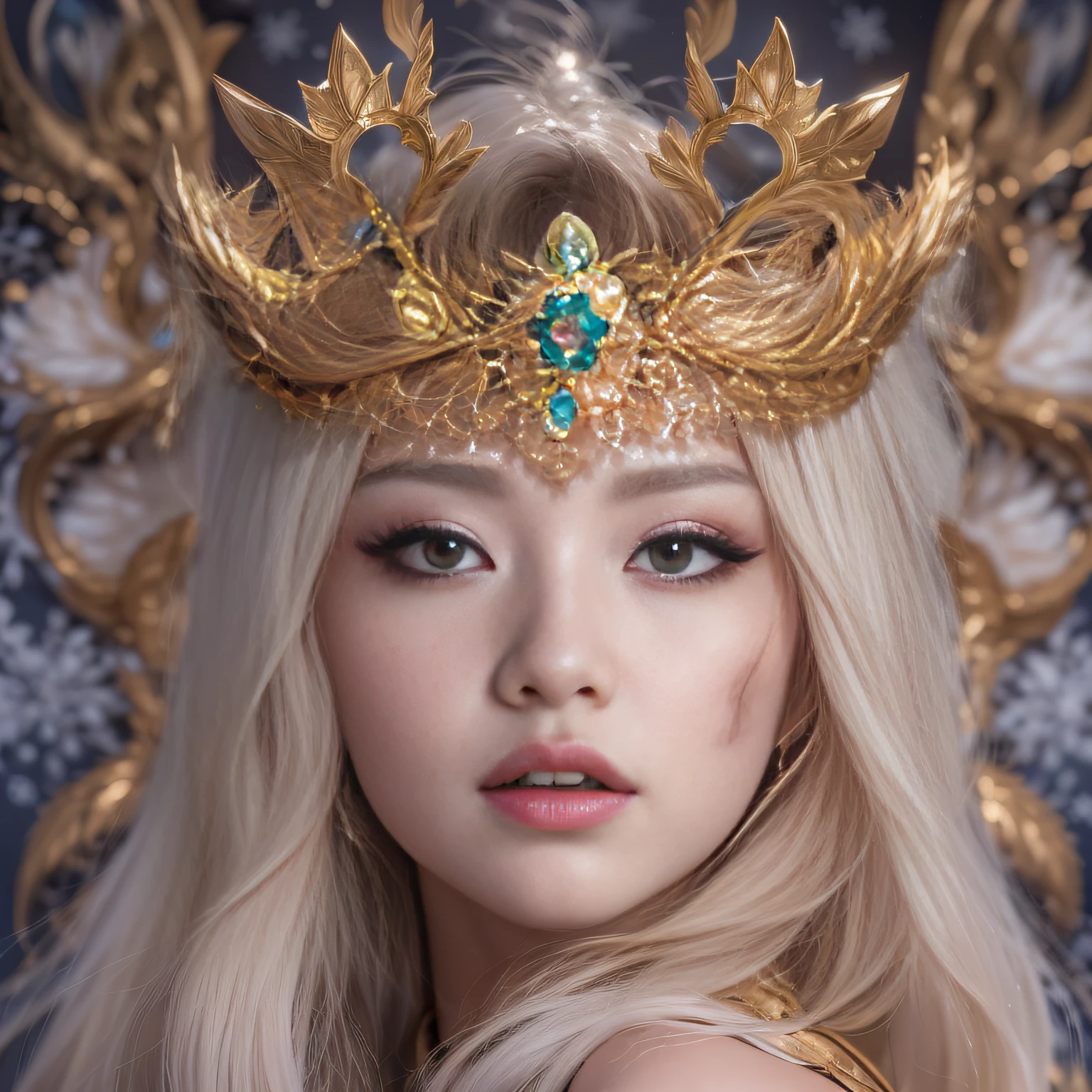 32K（tmasterpiece，k hd，hyper HD，32K）short detailed hair，Gold jewelry area in the back room，Flame Girl ，Yao Lang protector （realisticlying：1.4），Python pattern robe，Purple-pink tiara，Snowflakes fluttering，The background is pure，Hold your head high，Be proud，The nostrils look at people， A high resolution， the detail， RAW photogr， Sharp Re， Nikon D850 Film Stock Photo by Jefferies Lee 4 Kodak Portra 400 Camera F1.6 shots, Rich colors, ultra-realistic vivid textures, Dramatic lighting, Unreal Engine Art Station Trend, cinestir 800，Hold your head high，Be proud，The nostrils look at people