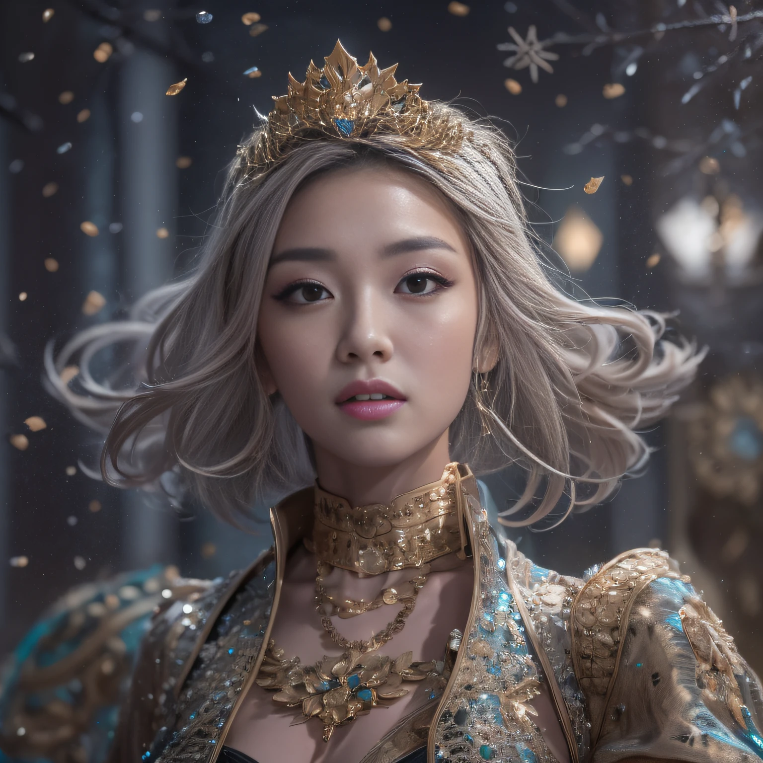 32K(tmasterpiece,k hd,hyper HD,32K)short detailed hair,Gold jewelry area in the back room,Flame Girl ,Yao Lang protector (realisticlying:1.4),Python pattern robe,Purple-pink tiara,Snowflakes fluttering,The background is pure,Hold your head high,Be proud,The nostrils look at people, A high resolution, the detail, RAW photogr, Sharp Re, Nikon D850 Film Stock Photo by Jefferies Lee 4 Kodak Portra 400 Camera F1.6 shots, Rich colors, ultra-realistic vivid textures, Dramatic lighting, Unreal Engine Art Station Trend, cinestir 800,Hold your head high,Be proud,The nostrils look at people