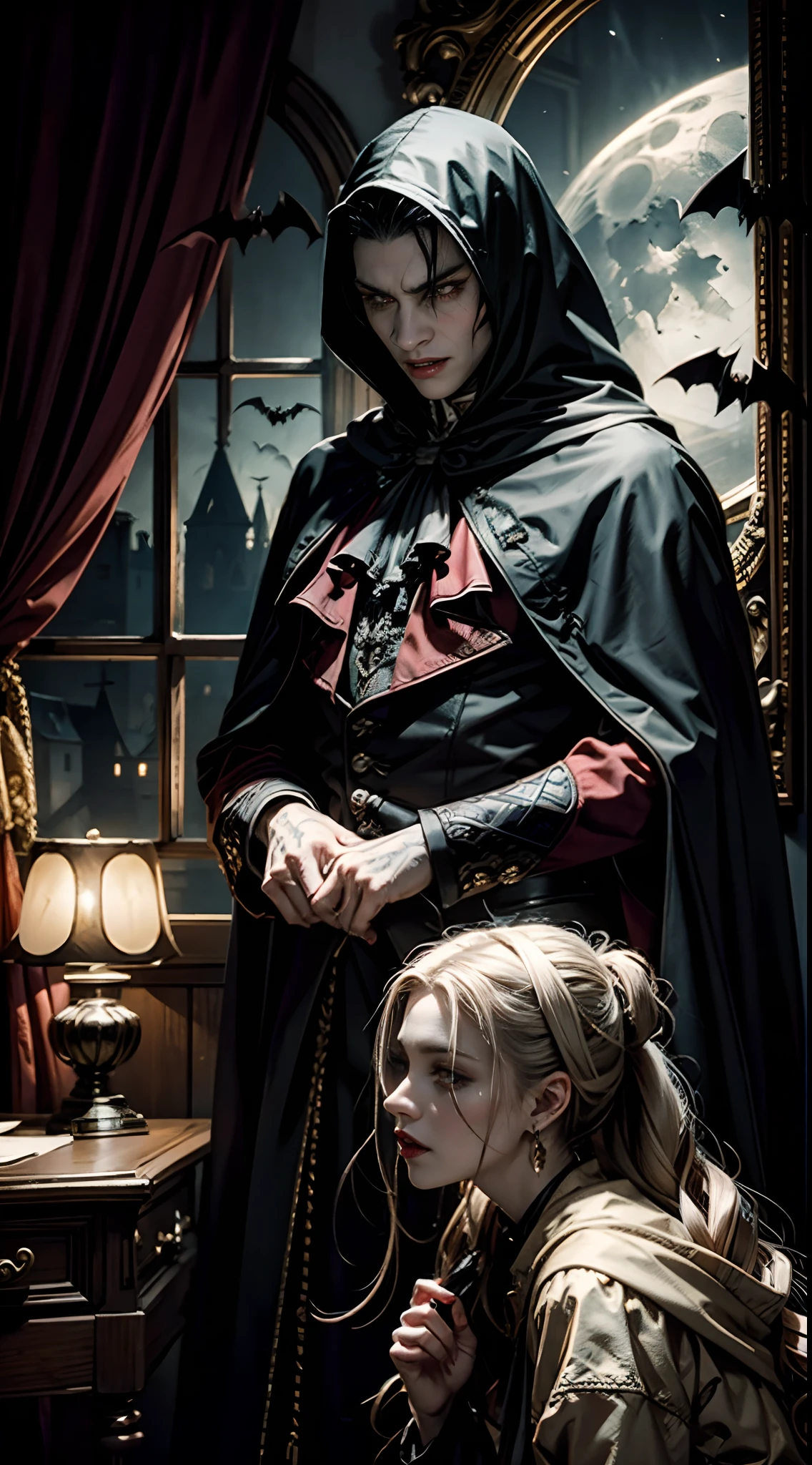 tmasterpiece,high qulity,male vampire,pale white face,red eyes,Fang,There is blood on the mouth,Wearing black vintage Western-style clothing,Black cloak,Holding a comatose beauty,Prepare to bite the neck of the beauty,the night,The background is a European retro interior,Gorgeous vintage windows,Moonlight and bats outside the window,detail-rich,Realiy,horror atmosphere,Spooky atmosphere,