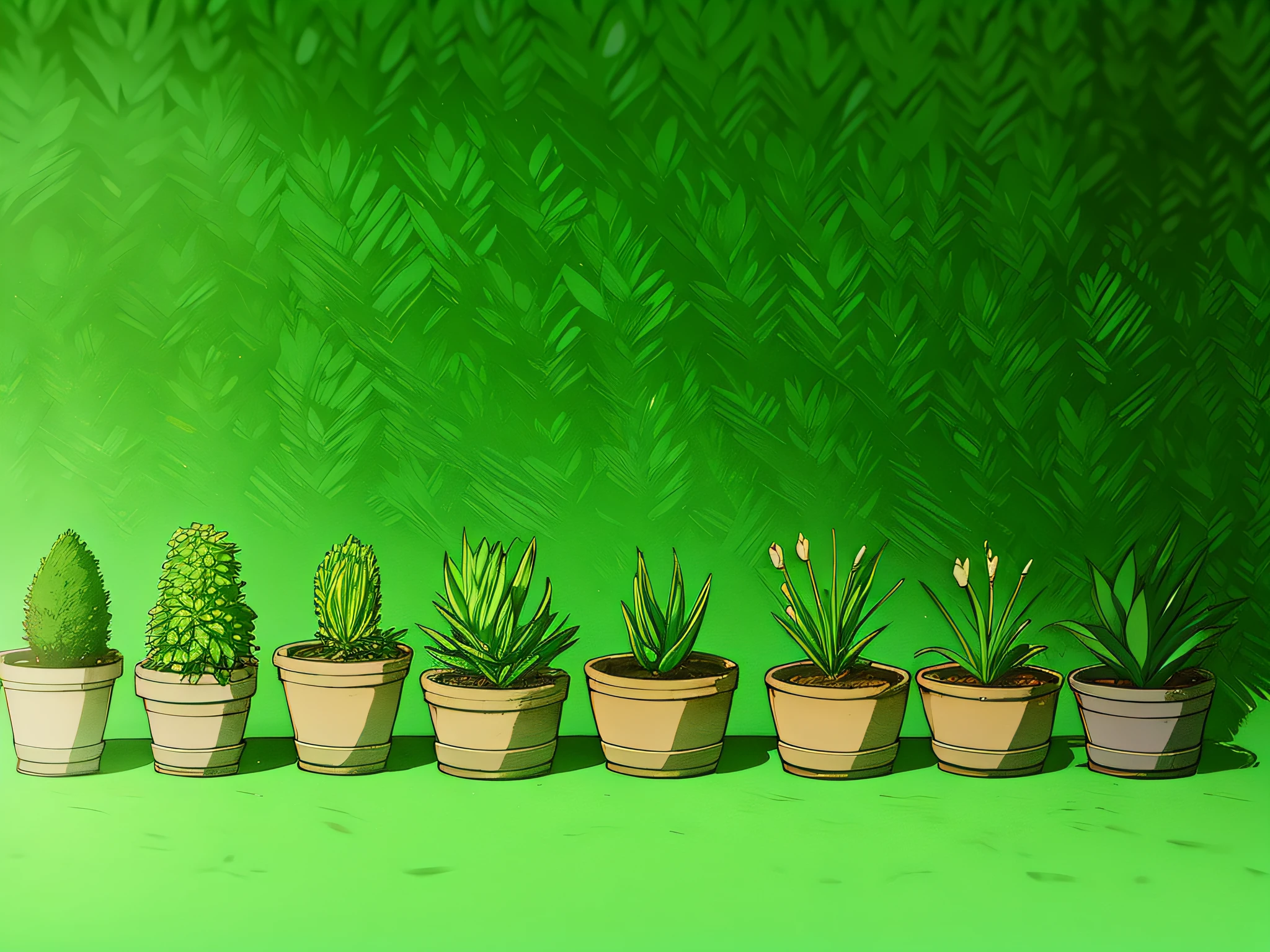 Various green potted plants | There are birds | Pink