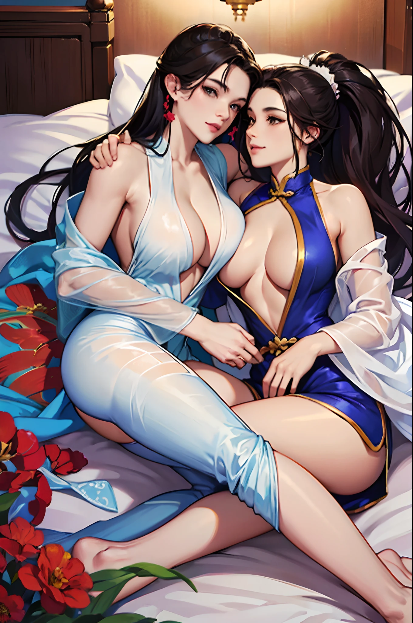 Multiple beauties touching each other, (transparent shirt: 1.2), (open shirt), light clothes, sleeveless, huge breasts, upright breasts close-up two women lying on bed posing for photos, surreal full body figure, beautiful and detailed body and face, gorgeous figure, ponytail, clear, smile, moan, tease, surreal full body body, beautiful and detailed body and face, super long viewing angle, fair skin, bright colors, Asian, clothes almost nothing, blurry, Chinese costume underwear