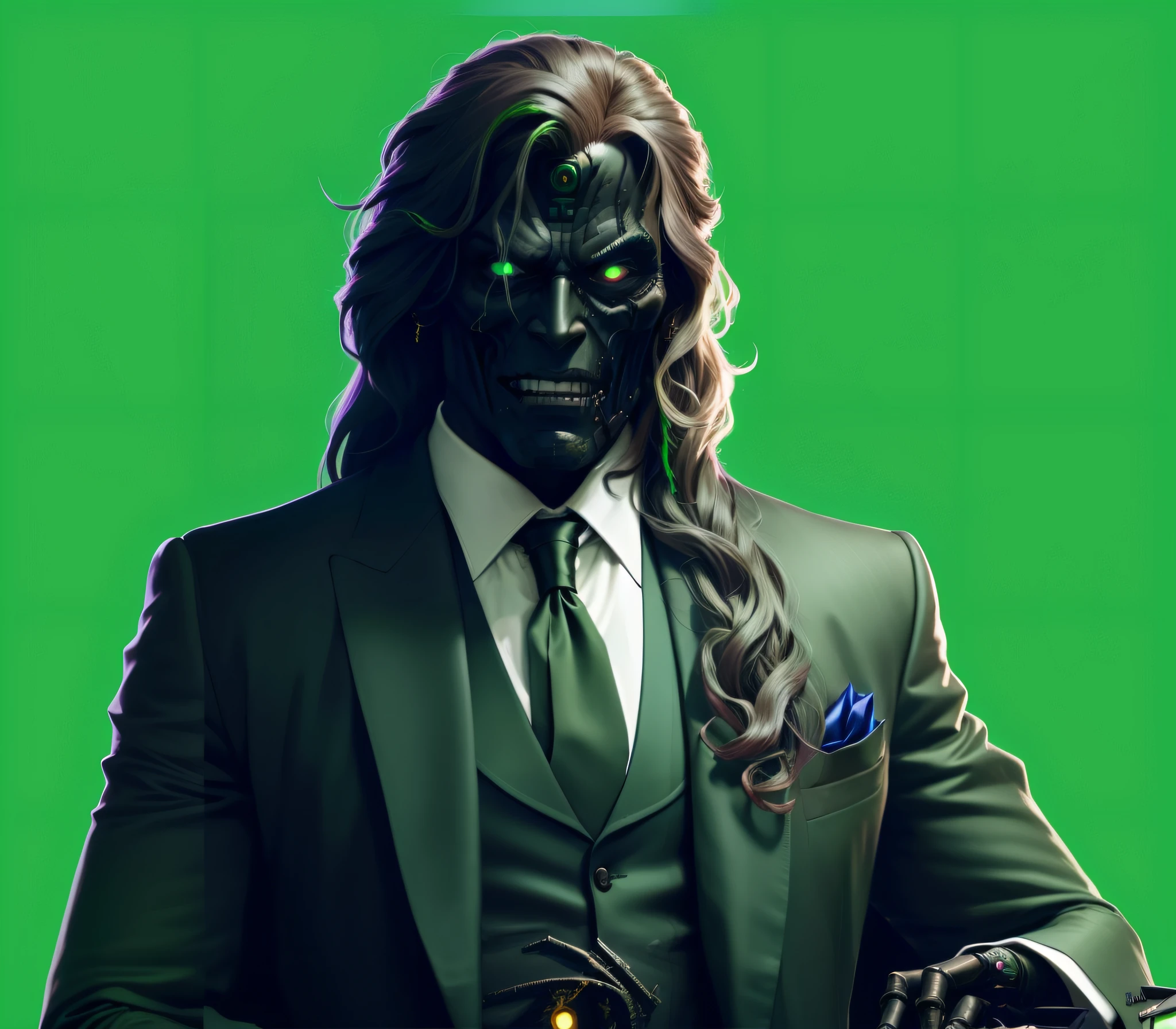 There is a mature man in a suit and tie with a scary face and long hair, green background, Amazing portrait of Viego, dark suit, 3d render 8k character art, Ganondorf, charcoal skin, Dark Demon, Dark Supervillain , portrait of hum with a scary face, male anoid, dark skin like charcoal, creased but stylized skin, 8k portrait rendering, lucio as a woman, Highly detailed VFX portrait, Decaying Cyborg Dr Doom, stylized zombie in suit, background green.