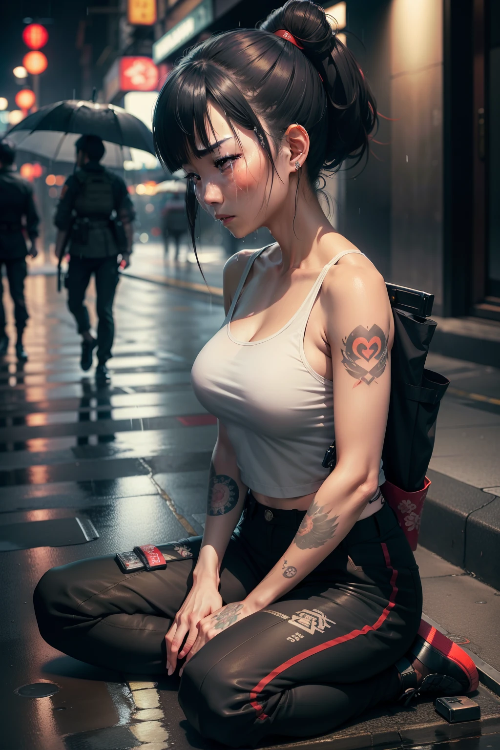 Japanese woman with yakuza tattoos and cybernetic implants wearing a tank top and military pants with a katana in a sitting on a square bench, crying with an expression of sadness as it rains on the street at night
