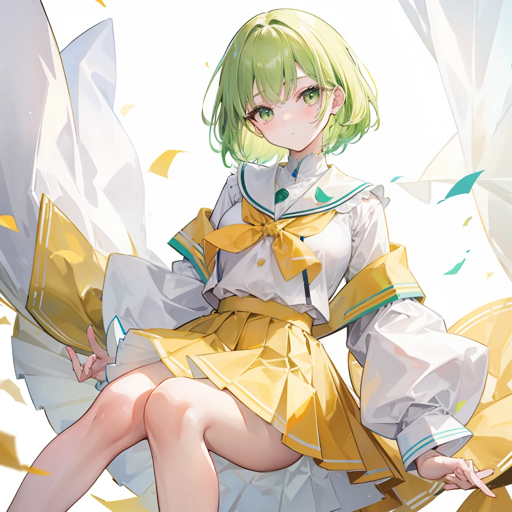 Short light green hair，Wear a yellow apricot JK uniform and a white pleated skirt，Knee-length white silk，Looks dignified and cute，A little sweet