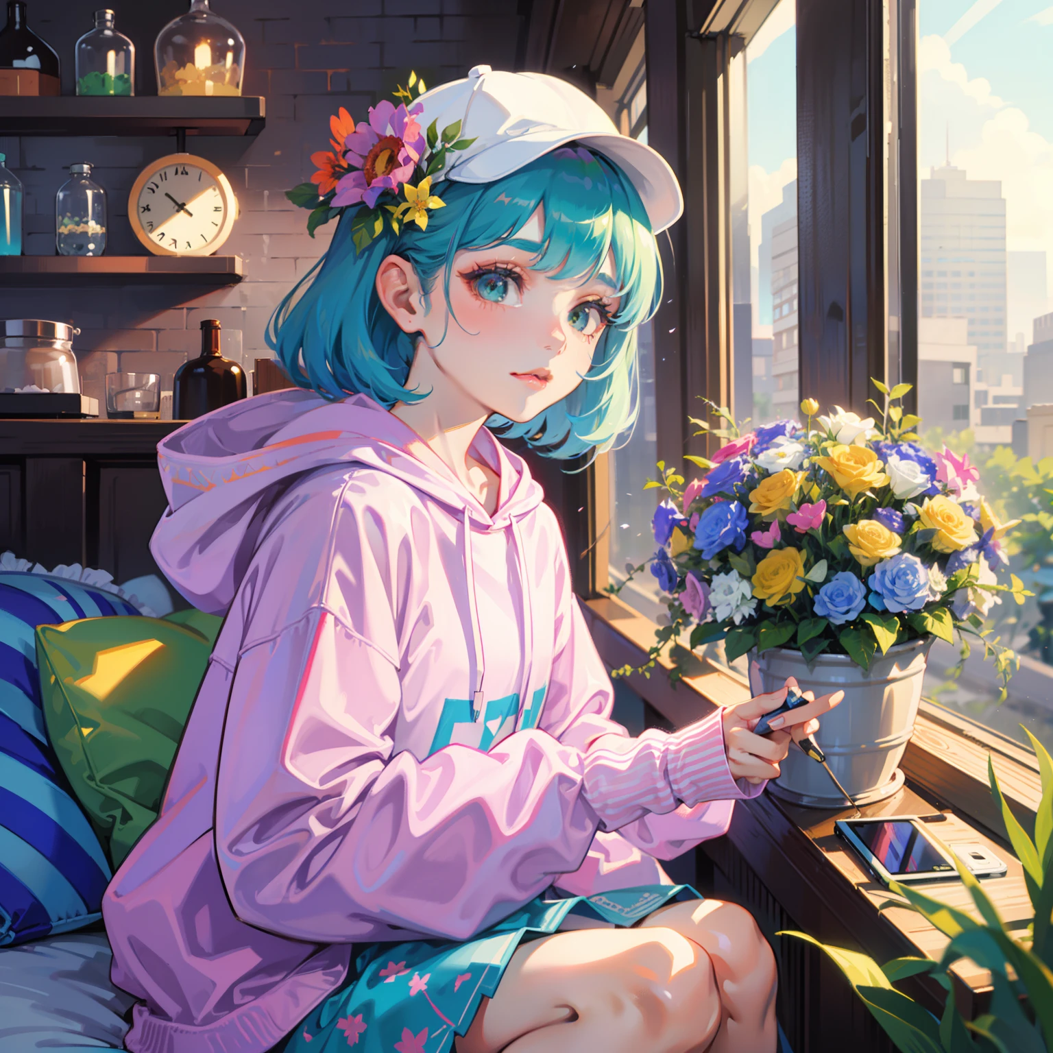 There was a woman looking at the audience with an old-fashioned phone and flowers in her hand, an album cover inspired by Elsa Bleda, Instagram, Realism, wearing a hoodie and flowers, lofi girl aesthetic, With flowers, green and pink, y 2 k aesthetic, y2k aesthetic, Green hood, flowerpunk, retro aesthetic, pink and green, Aesthetic!!!!!!!!!!, Spring vibes