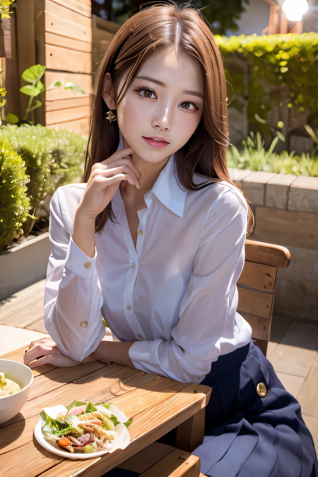 first-person-view, (masterpiece:1.3), high resolution, ultra detailed, extremely detailed CG unity 8k wallpaper, realistic, photo-realistic, RAW photo, beautiful detailed face, pale skin, realistic glistening skin, detailed cloth texture, detailed hair texture, Perfect body, Beautiful Face, accurate, Anatomically correct, Highly detailed face and skin texture, natural neck length, (beautiful hands), (fair skin:1.2), Thin legs, Thin feet, Well-aligned teeth,
BREAK,
Detailed eyes, symmetric eyes, Light Brown eyes, Double eyelids, Thin eyebrows, (Glossy lips:1.4), (sleepy face:1.2), (blush:1.3),
BREAK,
(A Classy and Cute girl:1.3), (wearing a Light Purple Button shirt:1.3),
BREAK,
close the button, (long irregular hem skirt of Navy color:1.3), (long skirt),
medium breasts, (slender figure:1.1), firm abs, beautiful clavicle,
(Dark blonde hair, wavy hair, long hair:1.2), ((asymmetrical bangs:1.2)),
BREAK,
(On the table, (there are yakitori, French fries, salad, and 'takoyaki' ):1.2), (Sitting opposite), ((resting your elbow on the table with gently lifted up her chin:1.3)),
(in the outdoor 'Biergarten' of Japan at night:1.3)), (night), (night), (night), (Upper body shot:1.2), looking at viewer, view from front,