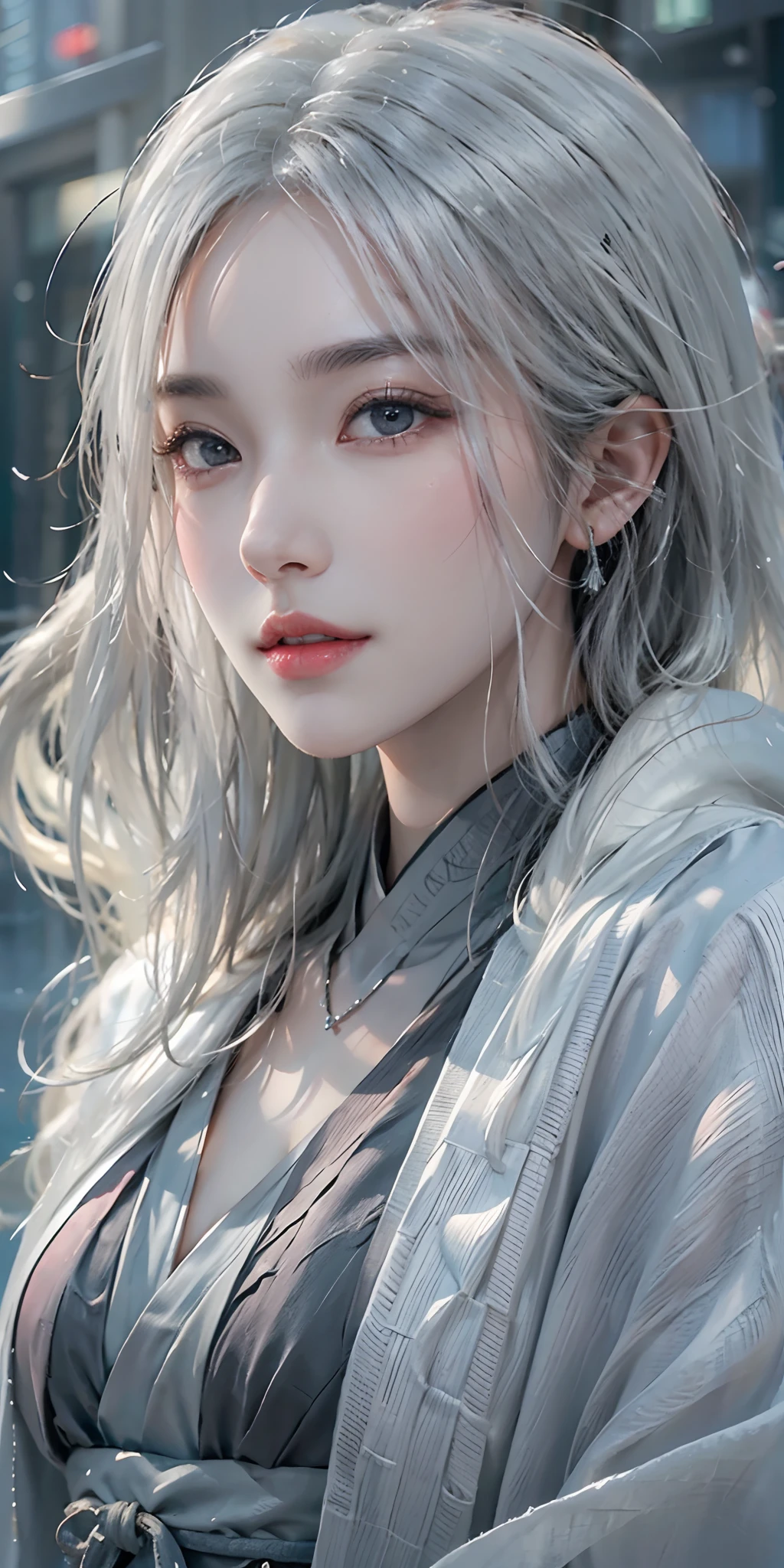 photorealistic, high resolution, soft light,1women, solo, hips up, shining skin, (detailed face),tattoo, jewelry, winter hanfu, cloak, snow, night, white wavy hair, Beautiful Soldier, Eyes That Invite Viewer, Lover's Perspective, Inviting Expression, Sexy Smile, Perfect Style, Perfect Balance, Detailed Skin, Naughty Gaze, Chest Visible