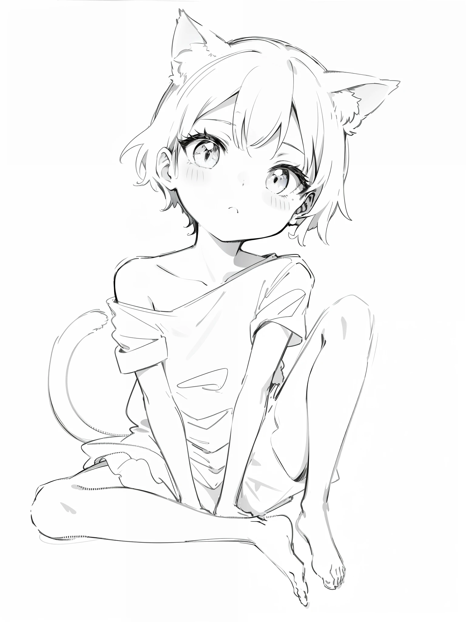 Draw a cat girl sitting on the ground，There is a cat on the shoulder, anime catgirl, cute anime catgirl, an anime drawing, anime cat, Boy with cat ears and tail, anime girl with cat ears, anime sketch, anime shading), Anime Paintings, Anime moe art style, Sora as a cat, Cat girl, anime pose