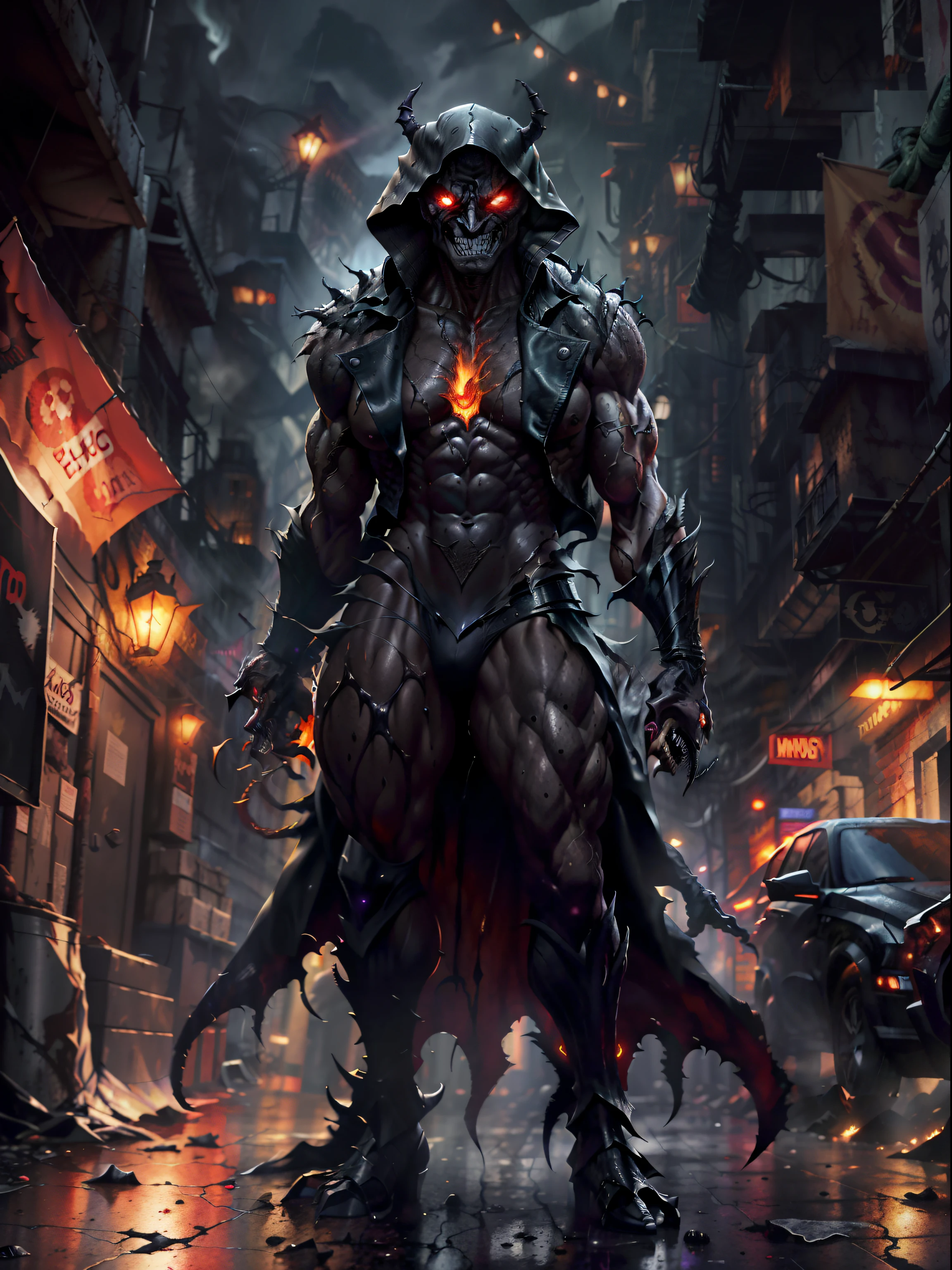 In the ominous shadows of a rain-soaked alley, Venon, a monstrous antihero from the Marvel Universe, lurks menacingly; his black, sinewy form glistening under a flickering streetlamp, eyes glowing with a malevolent fire, teeth bared in a ferocious grin, a symbiotic fusion of human and alien, driven by rage, hunger, and a twisted sense of justice, ready to strike with lethal force.