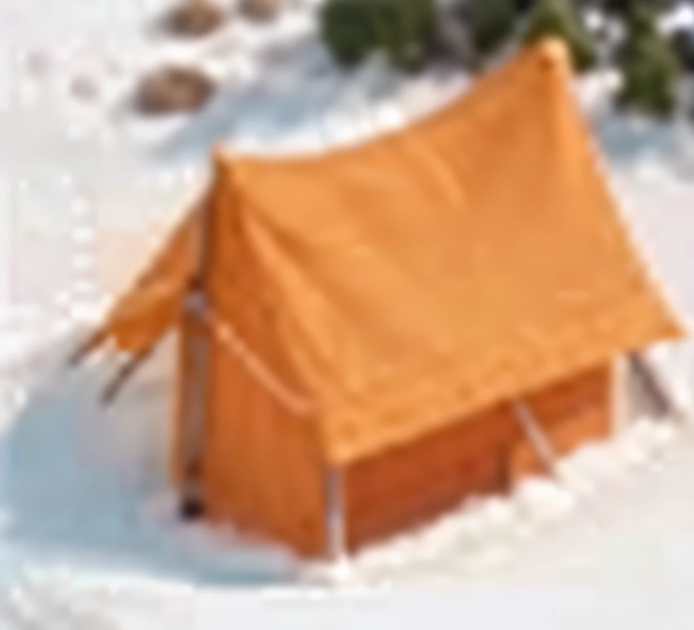 There was a tent sitting in the snow, tenten, Merchant tent, Miniature, A small, tenten, tent architecture, 3 colour, Small in size, medium poly, temporary emergency shelter, Medium Shot Shot, Medium - shooting, medium close up shot, N- 4, N-4, n - 4, N-4, Orange, where a large