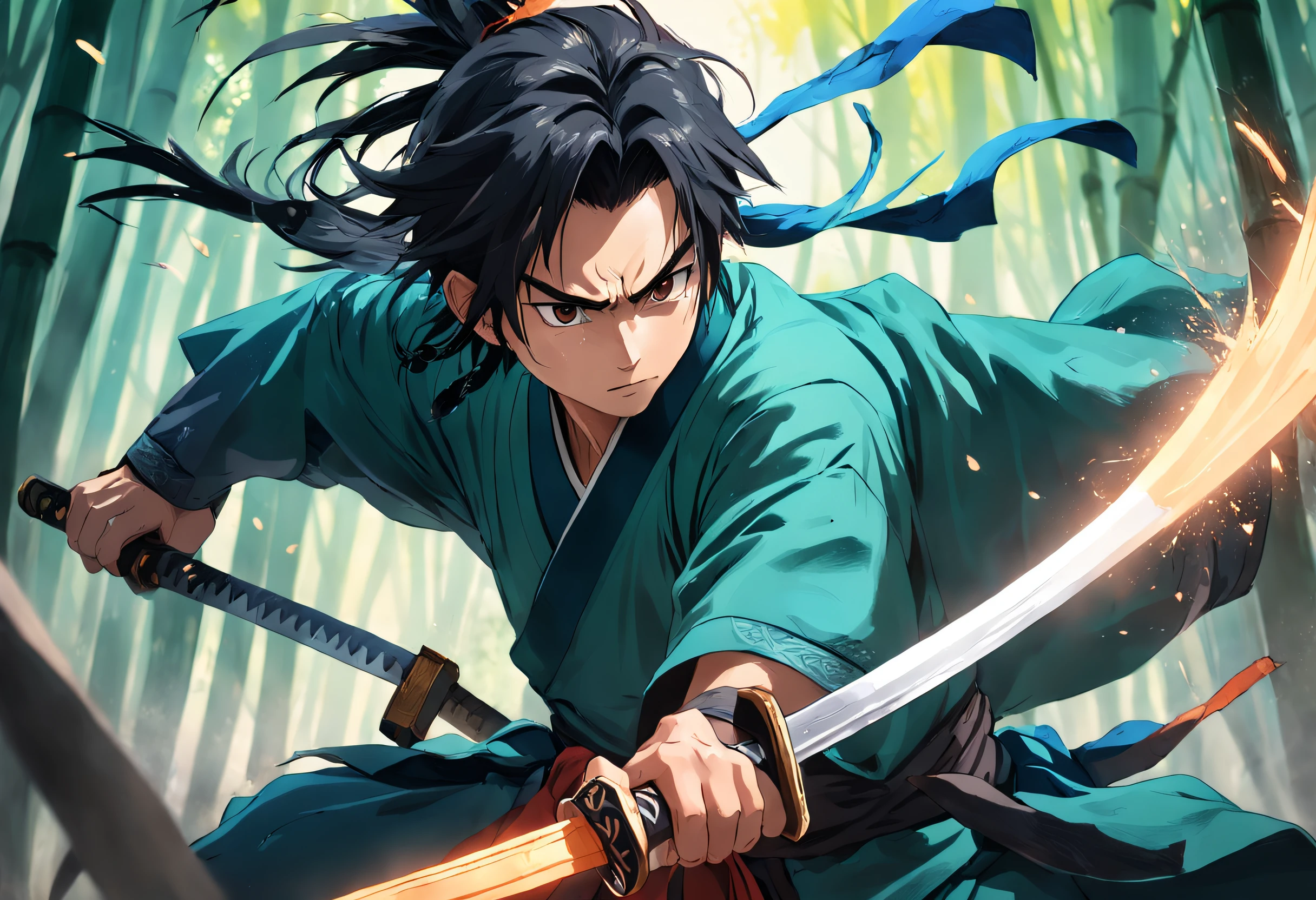 an extreme closeup shot:Young male swordsman of the Song Dynasty,Hair soars,Wielding a long sharp knife,The eyes are cold。Fighting posture,Motion blur,perfect hand,Bamboo forest in the wind,lightand shade contrast,top views,Focus on people。Depth of field 1.5。Chinese ink splash painting style,Drawn by Zhang Daqian。