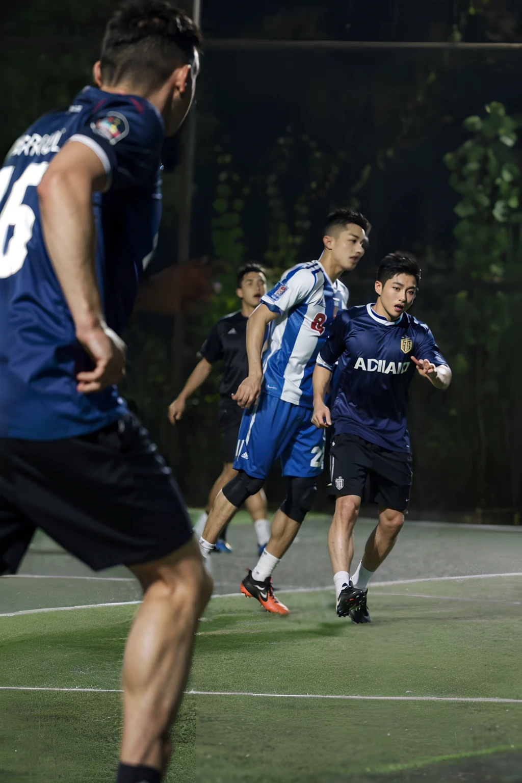 There are two men playing football on the pitch at night, taken with canon 8 0 d, dribbble, play soccer, action shot, taken with canon eos 5 d, Shot on Canon EOS R 6, taken with a canon eos 5d, taken with a canon eos 5 d, taken with canon eos 5 d mark iv, on a football field,The is very detailed,8K,tmasterpiece,