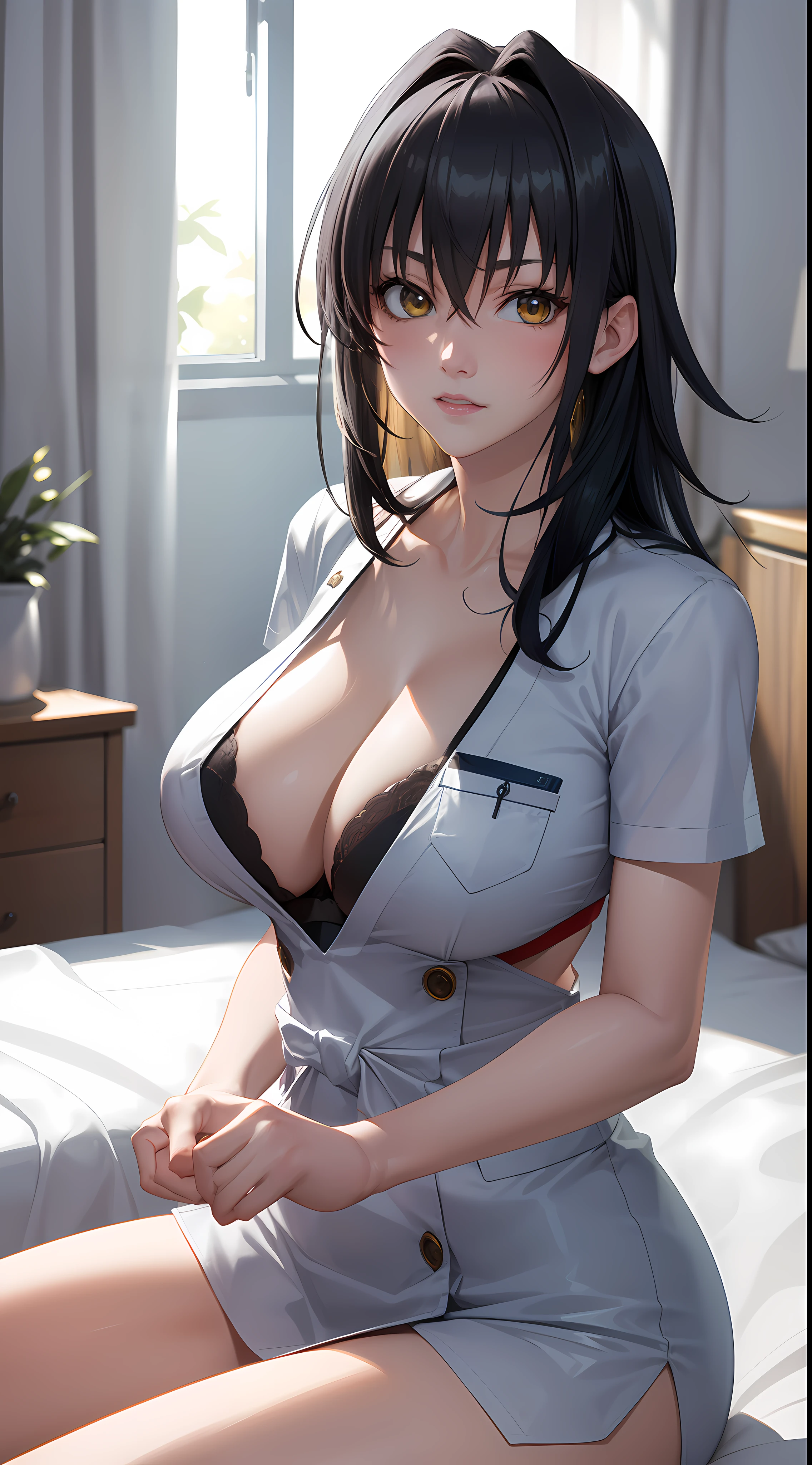 professional artwork, Intricate Details, field of view, sharp focus, detailed painting, photorealistic lighting, trending on pixiv,(masterpiece:1.0),(best_quality:1.0), ultra high res, ultra-detailed, photography, 8K, HDR, highres, absurdres:1.2, Kodak portra 400, film grain, sharp focus, bokeh:1.2, lens flare, (vibrant_color:1.2), (((indoors, bedroom, bedroom details, sitting on bed, perfect anatomy sitting))),
Annerose, 1girl, female mature, black hair, long hair, yellow eyes, large breasts, nurse clothes, formal, hair intakes, covered breasts, cleavage, 20yo,mature female,Beautiful Finger,Beautiful long legs,Beautiful body,Beautiful Nose,Beautiful character design, perfect eyes, perfect face, looking at viewer, official art,extremely detailed CG unity 8k wallpaper, (Beautiful,large_Breasts:1.4), (beautiful_face:1.5),(narrow_waist), (solo:1.4), (upper body, half body shot),
koutetsu no majo annerose,
