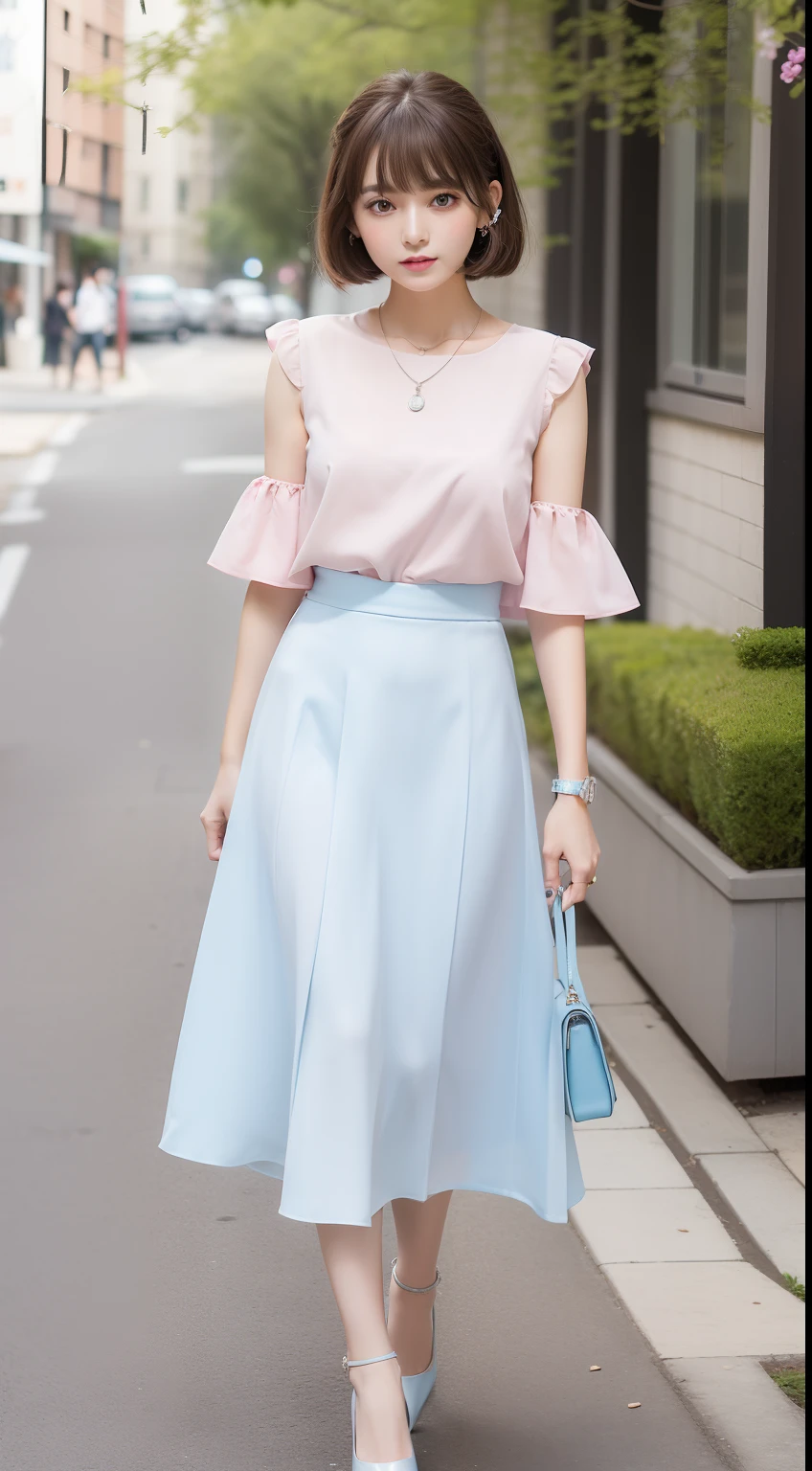 Sweet business style portrait in spring and summer。The model has straight bangs and ash brown bob hair。She wore a light blue blouse、White flared skirt、Wear pink pumps。Accessories include ribbon necklace and silver bracelet。
