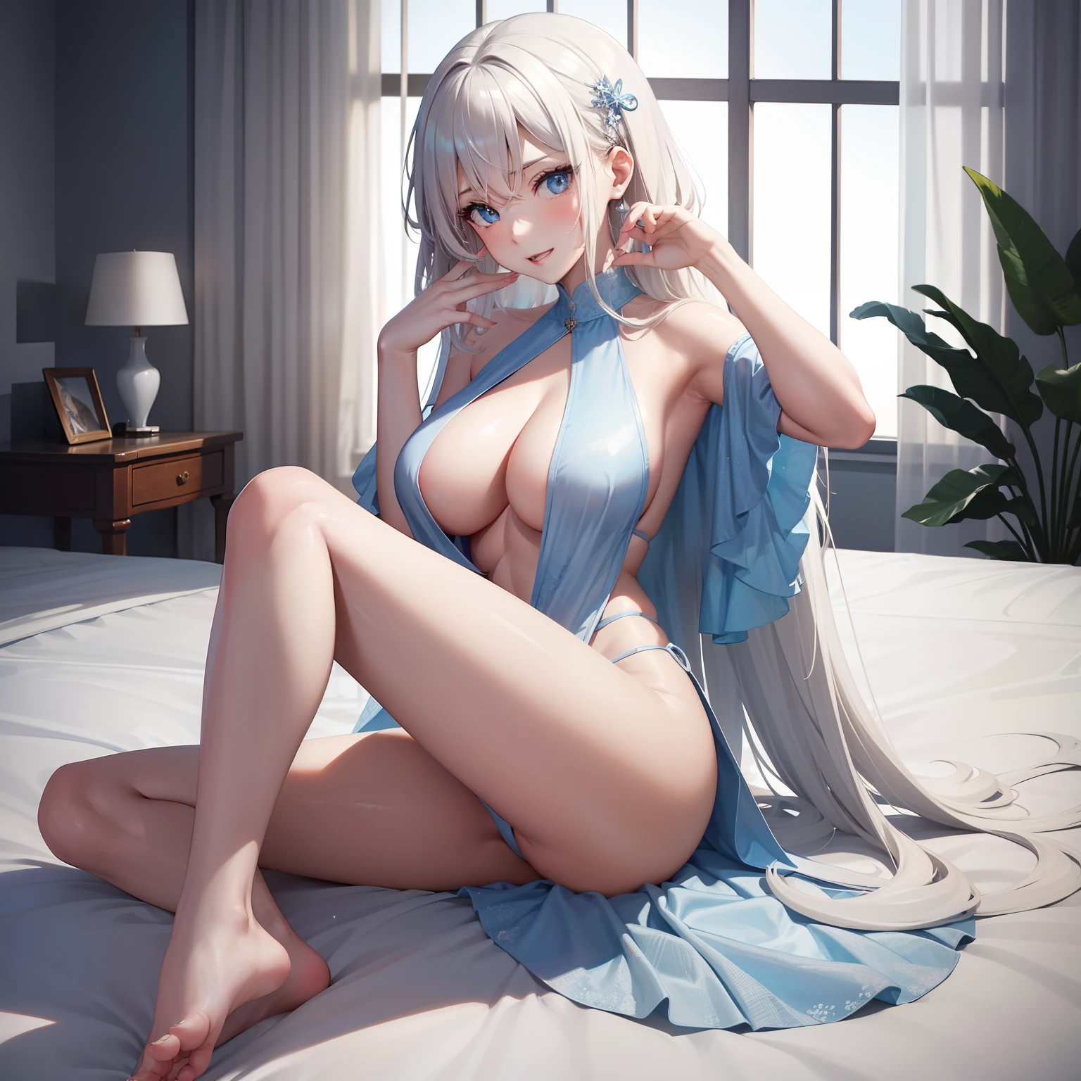 high image, super detail, high resolution, sitting, feet up, anime, manga, illustration, intelligent beauty, laugh like a prankster, happy, shy, make up, ecstatic expression, amorous expression, seductive look, flowing layered messy white glossy medium short wavy hair, sparkling blue big eyes, alluring moist red lips, large breasts, under boob, side boob, great proportion, perfect proportion, slender, full body, on the bed