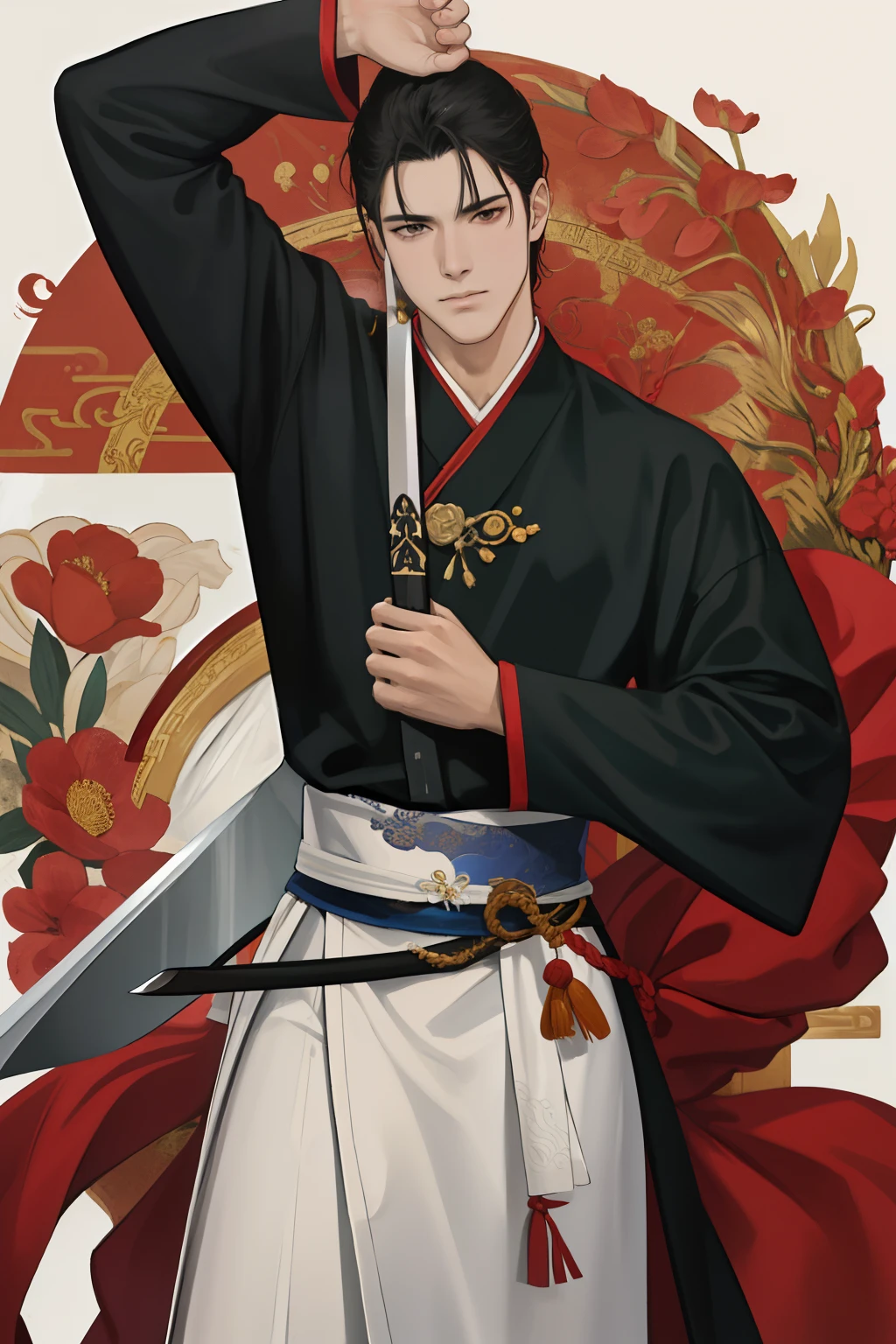 NSFW, obra-prima, melhor qualidade, ultra-detalhado, semi-realista, detailedfacialfeatures, 1Man,usando roupas velha wuxia,audaz,cabelos negros e olhos negros,roupa vermelha e negra,holding a long sword in his left hand,olhar arrogante