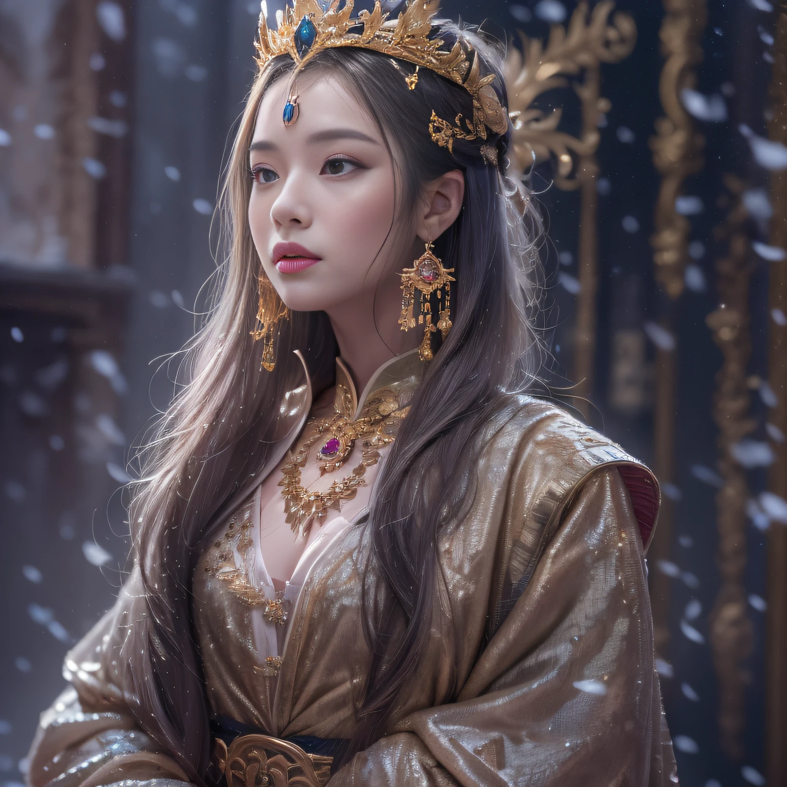 32K(tmasterpiece,k hd,hyper HD,32K)short detailed hair,Gold jewelry area in the back room,Flame Girl ,Yao Lang protector (realisticlying:1.4),Python pattern robe,Purple-pink tiara,Snowflakes fluttering,The background is pure,Hold your head high,Be proud,The nostrils look at people, A high resolution, the detail, RAW photogr, Sharp Re, Nikon D850 Film Stock Photo by Jefferies Lee 4 Kodak Portra 400 Camera F1.6 shots, Rich colors, ultra-realistic vivid textures, Dramatic lighting, Unreal Engine Art Station Trend, cinestir 800,Hold your head high,Be proud,The nostrils look at people