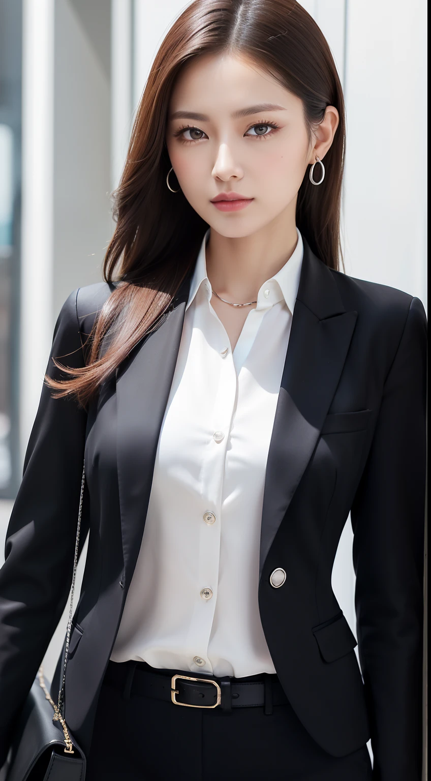 Chic business style portrait for spring and summer。The model has a sleek low ponytail、Deep brown shade。She has a tailored black blazer、White silk blouse、Wear fitted pants。Accessories include designer leather handbags and minimalistic silver jewelry。
