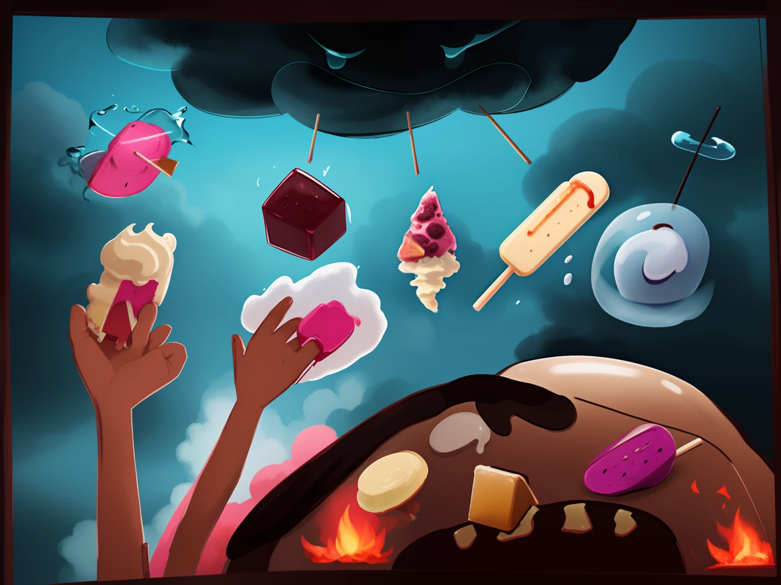 A dark cloud strenuously protrudes ice、icecream、Popsicles、lollipop。People who didn't grab the ice were so hot that their hands were on fire,The person who grabbed the food directly stuffed his hand into his big mouth。