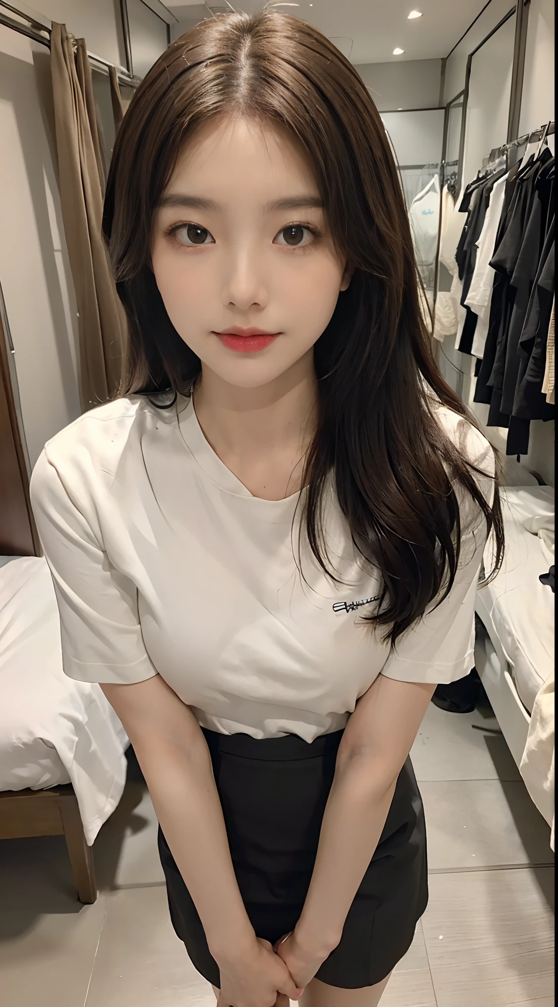 ,Highest quality, figure, Super detailed, In detail, High resolution, 8k wallpaper, Thick lips、Perfect dynamic composition, Glossy with oil々Skin、Korean、 long hair、Belly-baring T-shirt、Narrow waist、bottom less、Big Breasts、 Natural color lip, Selfie、Front camera、Selfie、Inside the car、