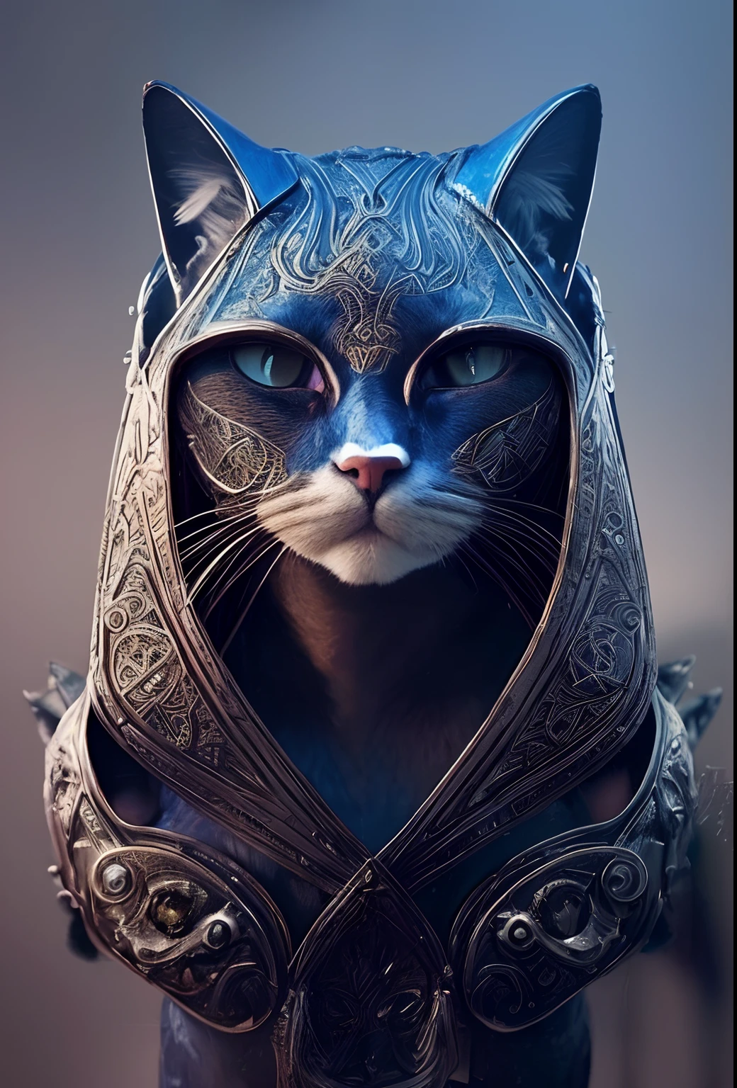 there is a cat with a hood on its head, Guerreiro Gato, anthropomorphic cat, gato blindado, anthropomorphic female cat, anthropomorphic cat ninja, design do gato, Bastet, egyptian cat goddess, awesome cat, aesthetic siamese cat, deus dos gatos, um gato antro, gato detalhado, gato antro