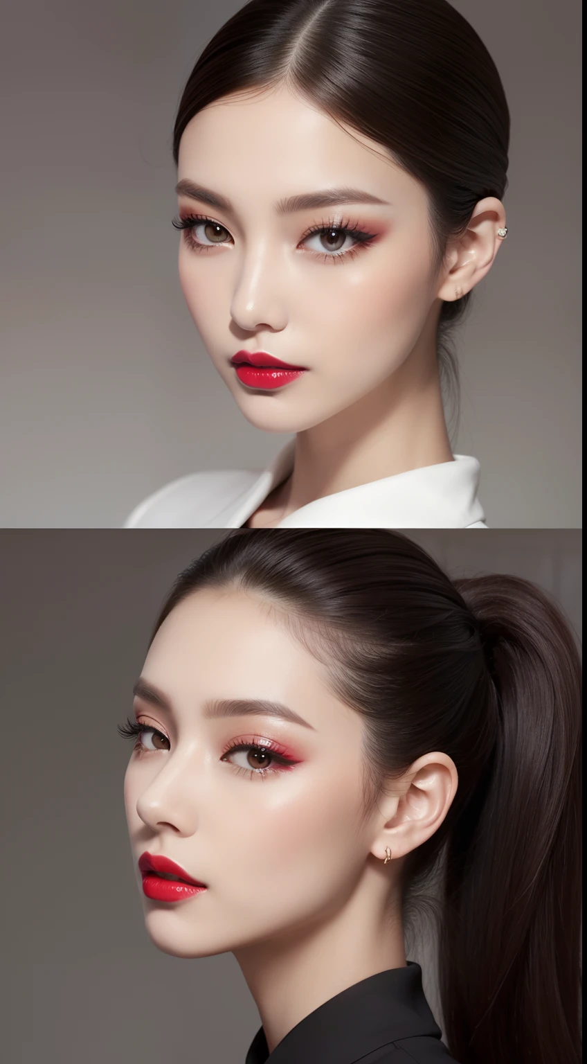 Chic business hairstyle portrait for spring and summer。Hair in a sleek low ponytail、Deep brown shade。Makeup with bold red lips and smoky gray eyeshadow、Reflects a sleek and sophisticated look