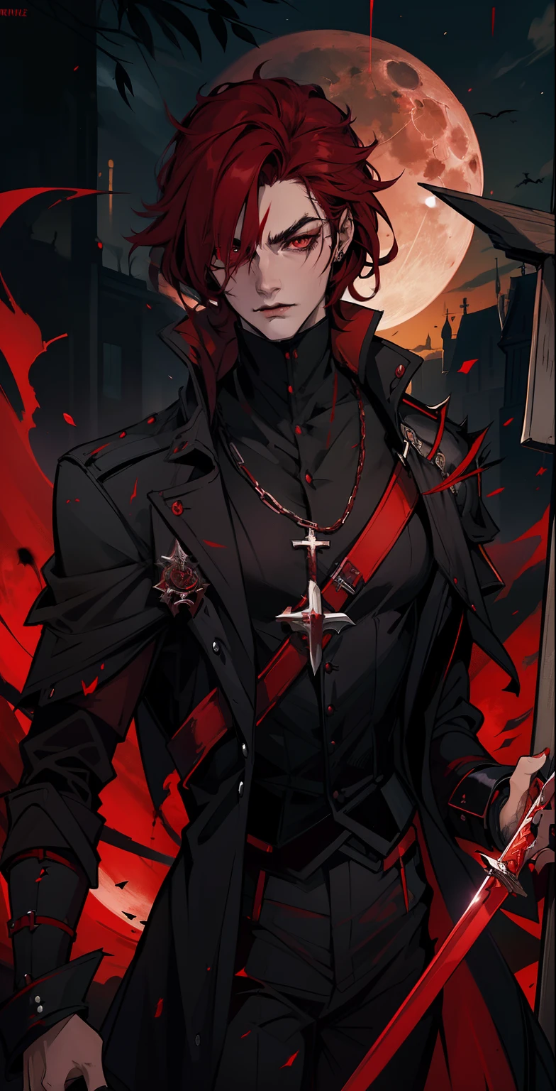 A vampire with red eyes and a black coat，Kizi，Short shoulder-length red hair，Refined face，k hd，Realiy，The great sword in my hand was slashing at me，Broken crosses were scattered around him，Under a blood-red full moon，Pitch black forest