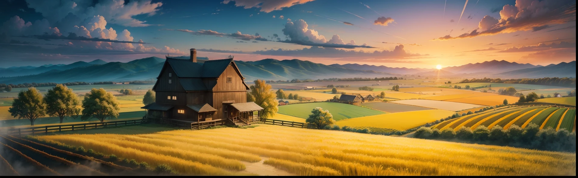 ((crayon drawing)),best qualtiy,high saturated,Pubic area is clear,Reasonable structure,rustic,Rustic,mont,chimneys,clouds,Skysky,ricefield,farm land,wheat field,wheat,the sunset