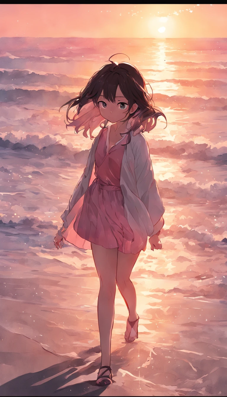 best qualtiy，tmasterpiece，超高分辨率，（真实感：1.4），RAW photogr，warm lights，The sea and the beach，1girl，Walking on the beach，White color blouse，Short pink skirt，sandals，the setting sun，cabelos preto e longos，（slim，dignified，shyexpression），Beautiful teenage girl，Beautiful goddess，Detailed scenes, Beautiful digital illustration, the detail，Hyper-detailed, Cinematic quality，((from below))