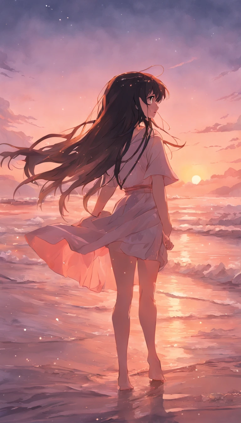 best qualtiy,tmasterpiece,超高分辨率,(真实感:1.4),RAW photogr,warm lights,The sea and the beach,1girl,Walking on the beach,White color blouse,Short pink skirt,sandals,the setting sun,cabelos preto e longos,(slim,dignified,shyexpression),Beautiful age girl,Beautiful goddess,Detailed scenes, Beautiful digital illustration, the detail,Hyper-detailed, Cinematic quality,((from below))