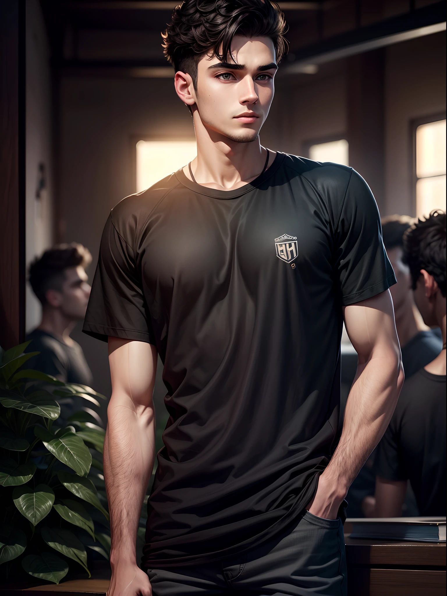 So smart a boy good looking man, black t-shirt, background is college boys and girls others people,(hd quality photo pooj)