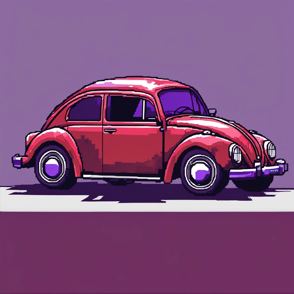 ::style a (pixel art:1.2) of an volkswagen beetle, red and purple, pixels, big pixels, low resolution ::n_style photo, realistic, high resolution
