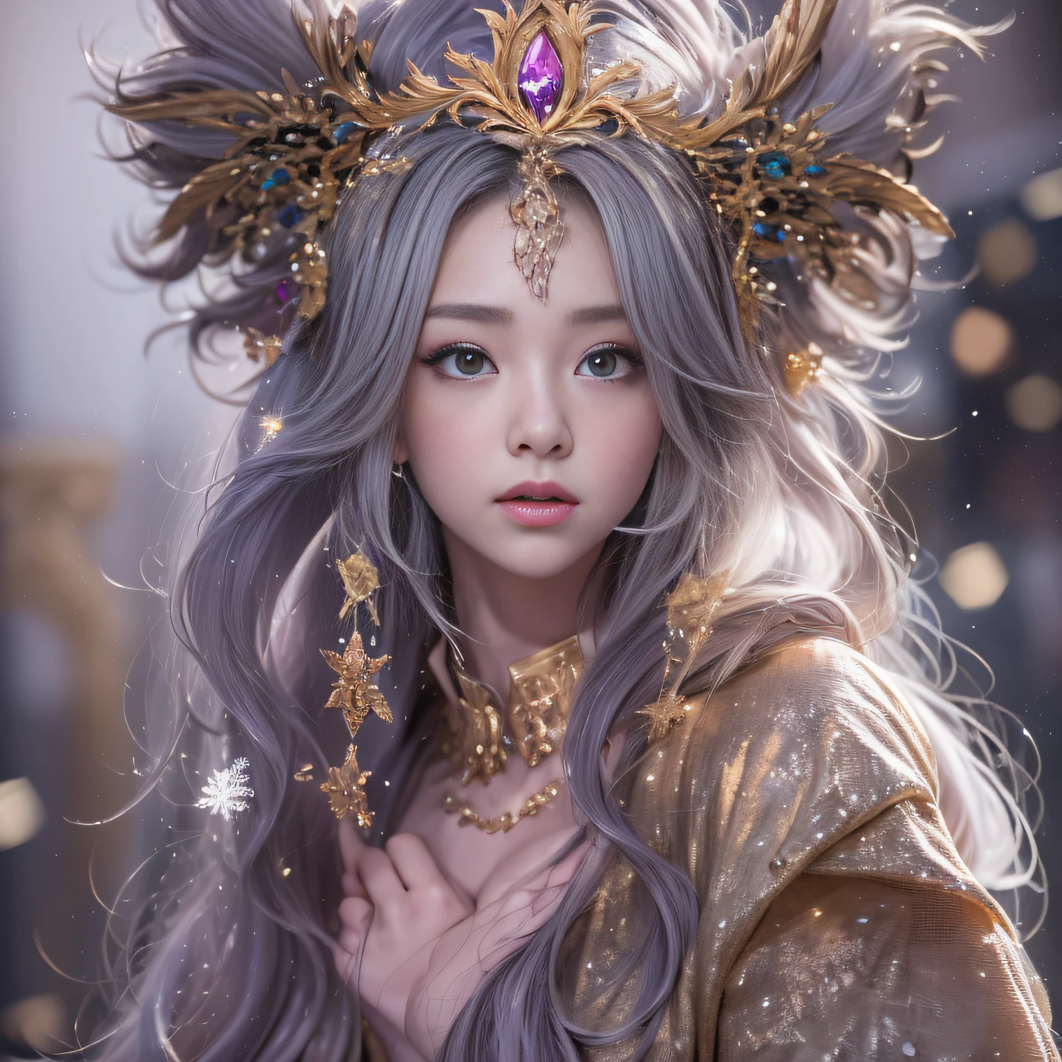 32K（tmasterpiece，k hd，hyper HD，32K）short detailed hair，Gold jewelry area in the back room，Flame Girl ，Yao Lang protector （realisticlying：1.4），Python pattern robe，Purple-pink tiara，Snowflakes fluttering，The background is pure，Hold your head high，Be proud，The nostrils look at people， A high resolution， the detail， RAW photogr， Sharp Re， Nikon D850 Film Stock Photo by Jefferies Lee 4 Kodak Portra 400 Camera F1.6 shots, Rich colors, ultra-realistic vivid textures, Dramatic lighting, Unreal Engine Art Station Trend, cinestir 800，Hold your head high，Be proud，The nostrils look at people