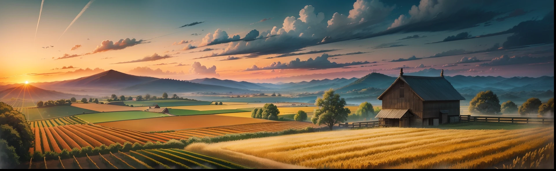 ((crayon drawing)),best qualtiy,high saturated,Pubic area is clear,Reasonable structure,rustic,Rustic,mont,chimneys,clouds,Skysky,ricefield,farm land,wheat field,wheat,the sunset