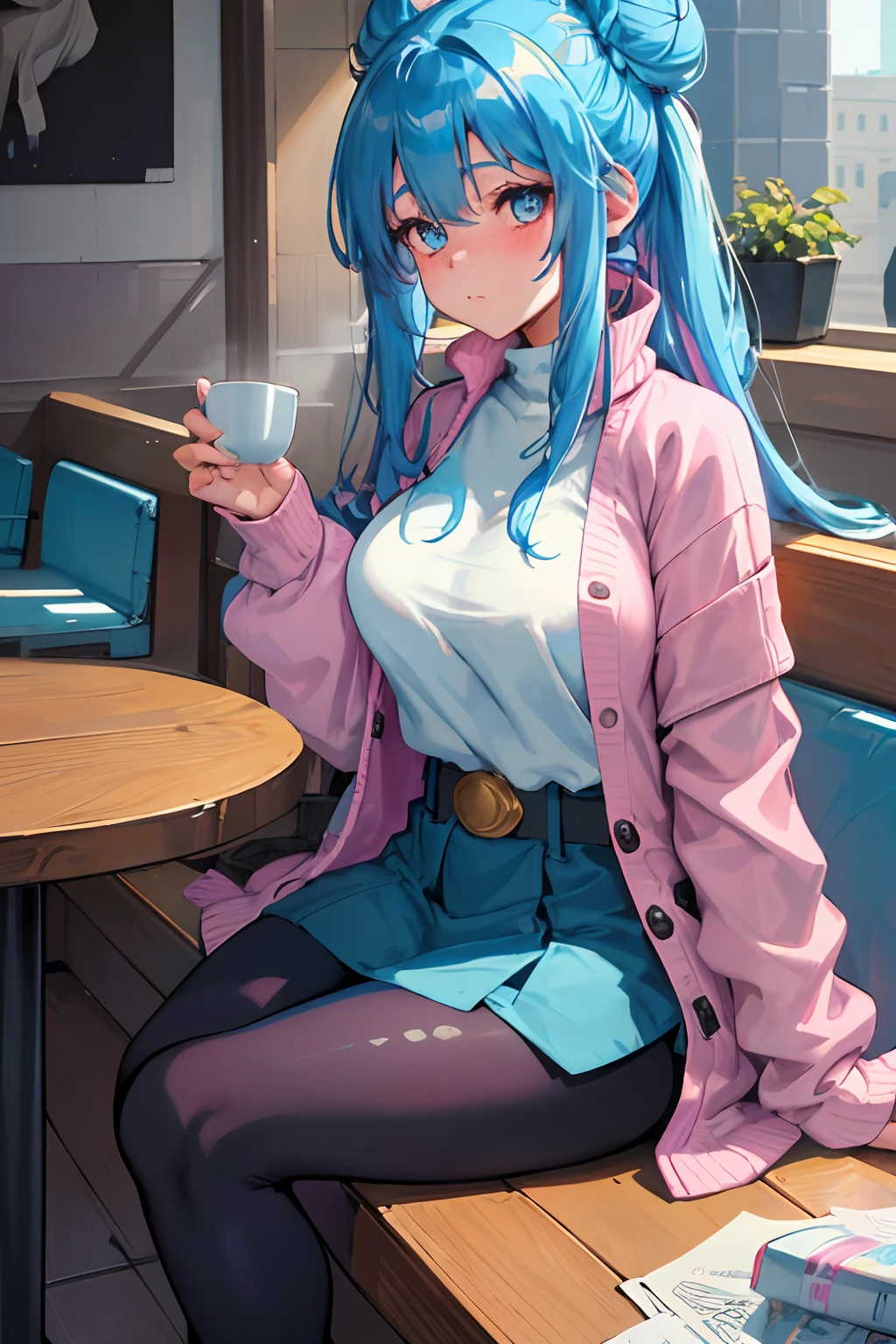 Original Character, Best Lighting, Best Shadows, a ager woman, with a cold face and blue eyes, long blue hair in a bun, closed mouth, medium breasts, her cheeks blush pink, oversized cardigan and jacket, leggings and tight belt, sitting in a cafe, holding a cup of tea, (Highest Quality, Amazing Details:1.25), (Solo:1.3), Brilliant Colorful Paintings