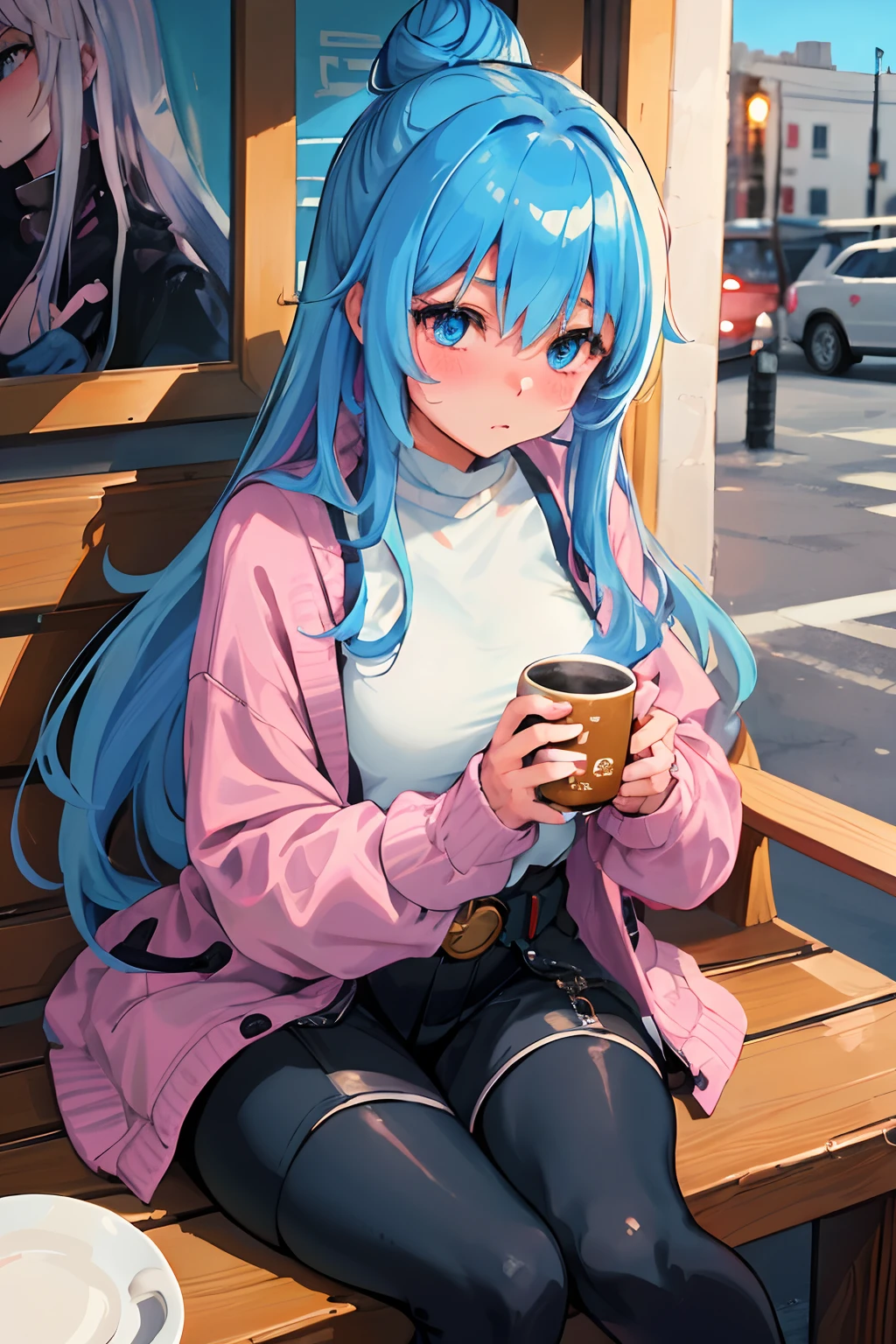 Original Character, Best Lighting, Best Shadows, a Teenager woman, with a cold face and blue eyes, long blue hair in a bun, closed mouth, medium breasts, her cheeks blush pink, oversized cardigan and jacket, leggings and tight belt, sitting in a cafe, holding a cup of tea, (Highest Quality, Amazing Details:1.25), (Solo:1.3), Brilliant Colorful Paintings