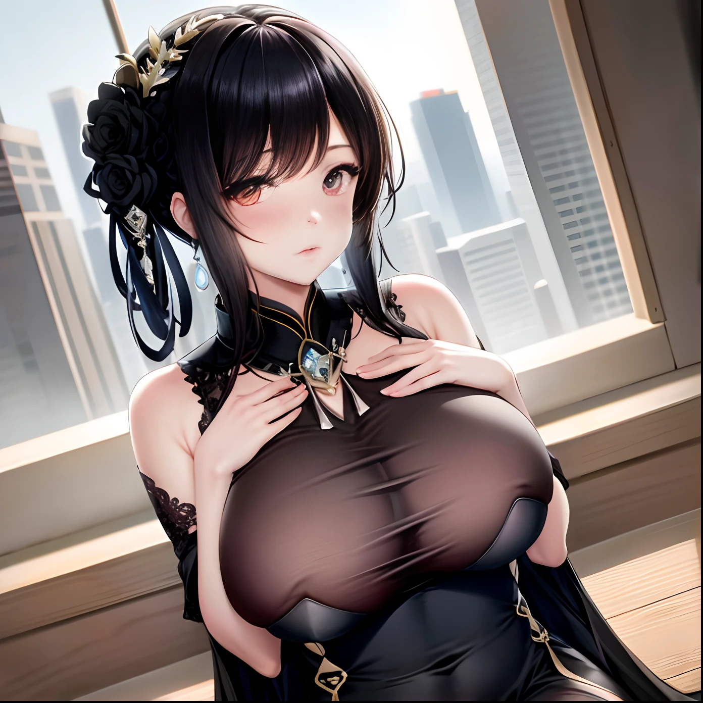 (1girll:1.3), 独奏, (((very vey very detailed face))),((very detailed eyes and faces))),beatiful detailed eyes,Body parts__,offcial art,Unified 8k wallpaper,ultra-detailliert,Beautiful and beautiful,big breasts beautiful,tmasterpiece,best qualtiy,primitive,tmasterpiece,ultra fine photos,best qualtiy,超高分辨率,photorealistic realism,rays of sunshine,full-body portraits,stunningly beautiful,,dynamicposes,delicated face,Vibrant eyes,(From the front side), She wears a maid outfit,Red and black color scheme,arachne,Very detailed city roof background, Roof,looking over city,详细的脸,detailed complex busy background,Untidy,opulent,milkyW,highly detailedskin,Realistic details of skin,Visible pores,Clear focus,volume fog,8K UHD,digital SLR camera,high qulity,filmgrain,White skin of the,photo-realism,DL,A huge metropolis of the dystopia of the future, semi transparent,is shy,Huge breasts,blacksilk