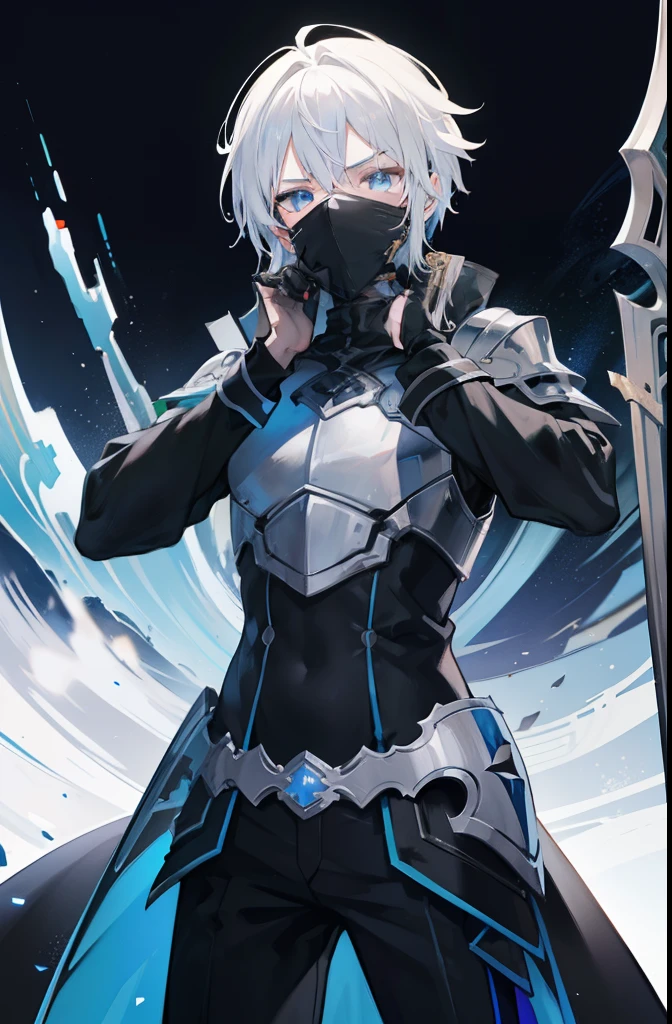 (masterpiece) In the virtual world of Sword Art Online GBO, a dynamic and epic scene unfolds as a boy with artfully styled white hair and a mysterious mask covering his face confidently strides through a dark dungeon. His attire consists of intricately designed armor clothing that accentuates his powerful presence. In his hands, he wields a sleek sniper rifle, ready to take on any challenge that awaits.