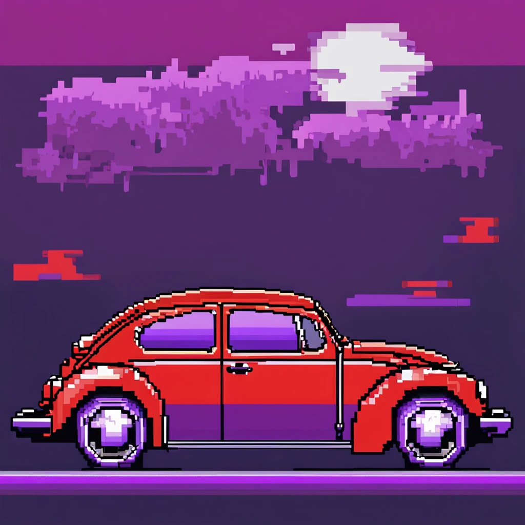 ::style a (pixel art:1.2) of an volkswagen beetle, red and purple, retro, (8-bits), (8bits), pixels, big pixels, low resolution ::n_style photo, realistic, high resolution