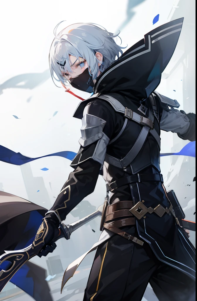 (masterpiece) In the virtual world of Sword Art Online GBO, a dynamic and epic scene unfolds as a boy with artfully styled white hair and a mysterious mask covering his face confidently strides through a dark dungeon. His attire consists of intricately designed armor clothing that accentuates his powerful presence. In his hands, he wields a sleek sniper rifle, ready to take on any challenge that awaits.