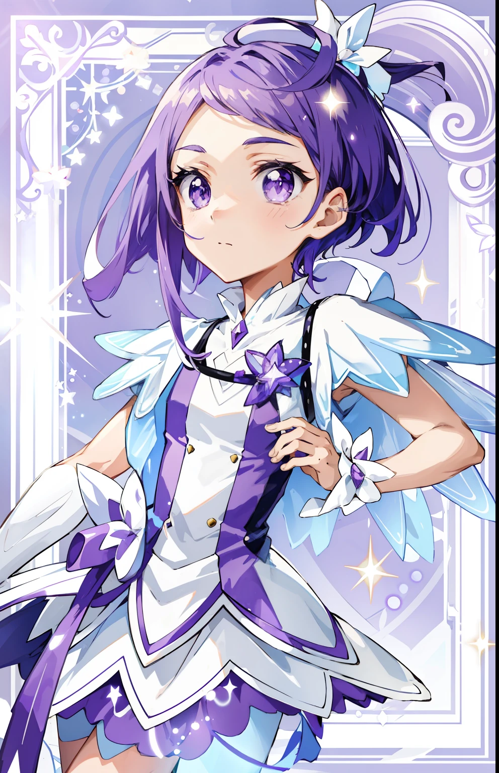 Anime boy in white and purple dress poses for photo, Anime boy with purple short hair, Portrait of a magical boy, Prince of Amethyst, Official Character Art, Magical Boy, Magical Boy Style, hight resolution, Sparkling Magical Boy, Anime Boy, with glowing purple eyes