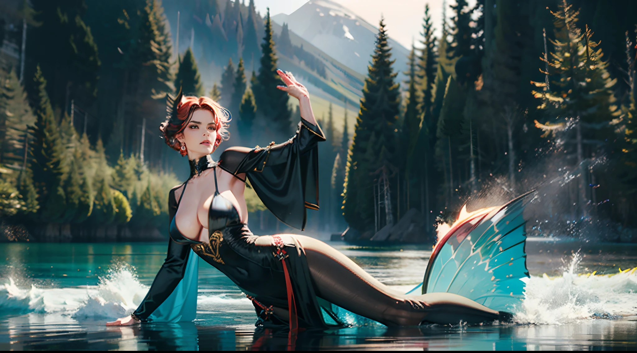 In illustrations of this super grand scene,We enjoyed a fascinating sight,Various scenarios of the multiverse come together。Beneath this intoxicating exterior,We see a mysterious vampire princess,She wears a black robe,Disheveled clothes,Graceful,Dance on the water。Her dance magic keeps her costumes changing,Blend in with the beauty of your surroundings,Add an unpredictable charm to the whole scene。The dancing of the Circe dancers is intoxicating,Her rainbow bat wings fluttered behind her like a flying carpet。This wing consists of different styles、colours、Made of small parts of materials and styles,The tail is long and beautiful。Her dance trajectory is accompanied by a glare effect of neon lights and magical stars,Blend in with your surroundings,Create a stimulating atmosphere for the senses。The Vampire Princess has a tall body and a large explosive curve,Her facial features are full of seductive sexiness。Her physical appearance includes overrooming、Narrowing of the sternum、Huge Kaziran red gemstone pupils with eyes、Charming face、Cute little tiger teeth、Makeup、Slender neck、Beauty collarbone、Slender arms、Slender waist and abdomen、Sexy butterfly buttocks and slender long legs,Show attractive curves and lines。Use Midjourney's advanced brush tools、Color palettes and texture packs,We are the skin of the vampire princess、Costumes and bat wings give intricate textures,Added realism。Her costume and cloak are a blend of different materials,Displays various styles,From evening dresses to princess dresses,And then to bikinis and tulle,Creative and stylish。The whole scene is also full of dreamy elements,The starry sky is filled with futuristic technology,There are towering cities in the ground,There are long beaches and small islands on the sea,Plants and fairy tale mythological scenes are intertwined。The Vampire Princess's dance moves echo the environmental elements,Be creative。Powerful tools halfway through,We approached it in incredible detail,Bring this grand and ethereal s