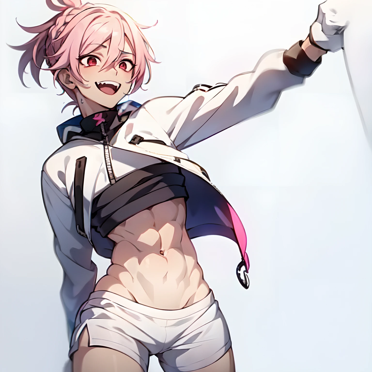 ((anime boy )), ((androgynous)),((Tan skin)), ((long white hair with pink streaks)),(( hair Styled into a Bun and braided ponytail )),((Red eyes)) , (Tall),(thin, average hips),(White half jacket), ((hot pink Crop top)) ,(Skimpy white shorts) , evil aura, crazy smile , ((Pop Idol)) , ((yandere: 1.5)), ((Masterpiece)), High Aesthetic, ((high quality )),((1boy, Solo))