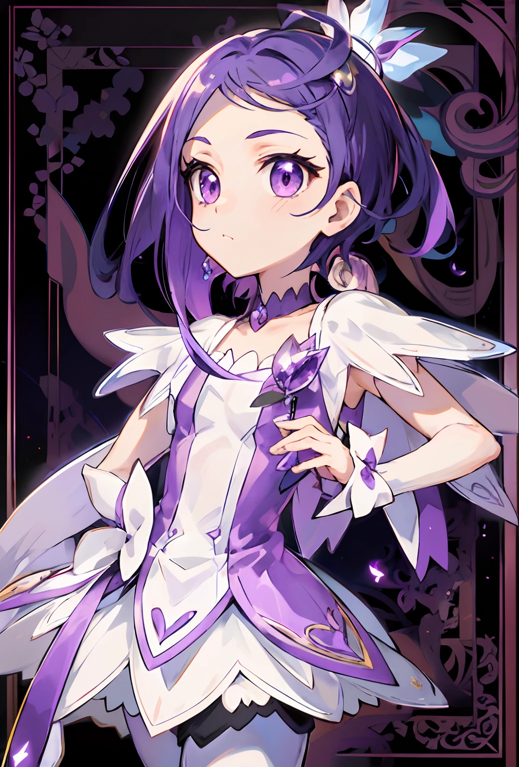 Anime boy in white and purple dress poses for photo, Anime boy with purple short hair, Portrait of a magical boy, Prince of Amethyst, Official Character Art, Magical Boy, Magical Boy Style, hight resolution, Sparkling Magical Boy, Anime Boy, with glowing purple eyes