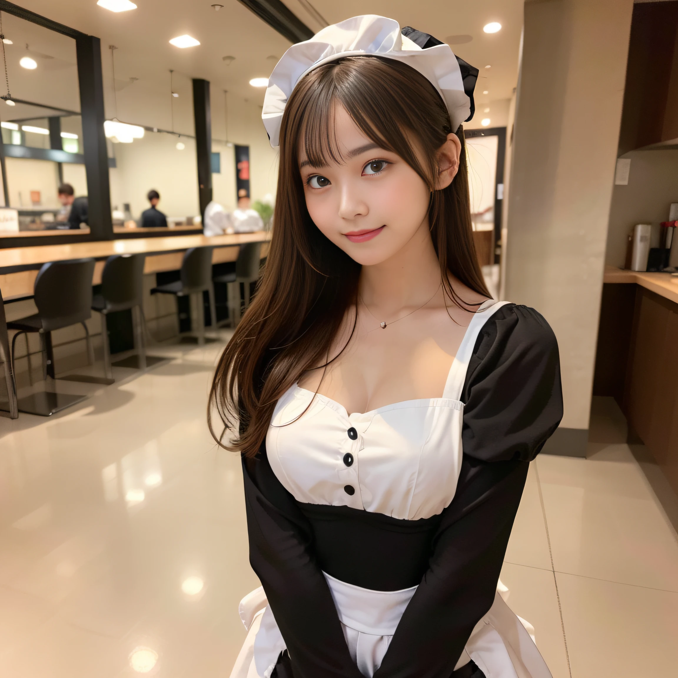 in 8K,Best Quality:1.4, 超A high resolution:1.5, (Photorealistic:1.4),​masterpiece:1.2,(top-quality:1.4)、 Raw photo、 (the background is blurred),  1日本人の女の子, Cute, (Solo:1.4), (Shy smile), Smooth skin、 (Brown medium hair,Bangs), (touch hair:1.4),nogizaka,Supple fingertips,Beautiful black eyes、dual、natural skin textures:1.3, realistic eyes and face details:1.7、middlebreasts、during daytime、Toned buttocks:1.5、gazing at viewer,Photographer is looking behind his back.５Take a step back,Smile,Delighted, Cheerful,(maid:1.2),Bow,Long sleeves, Black sleeves,(Long tights with black plaid:1.2),Maid headdress,maid apronl,cafeteria,Upper body,(detailed hairs:1.1), (Detailed eyes:1.1)