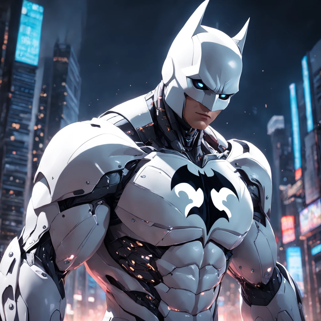 A realistic white batman in an advanced cyber suit