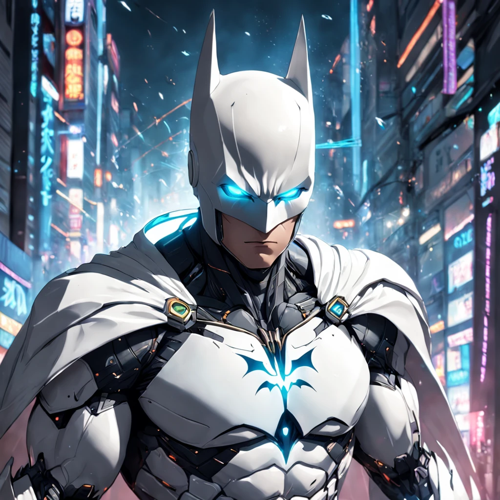 A realistic white batman in an advanced cyber suit