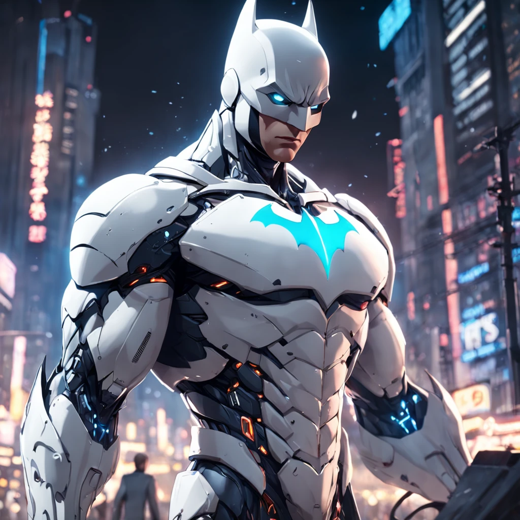 A realistic white batman in an advanced cyber suit